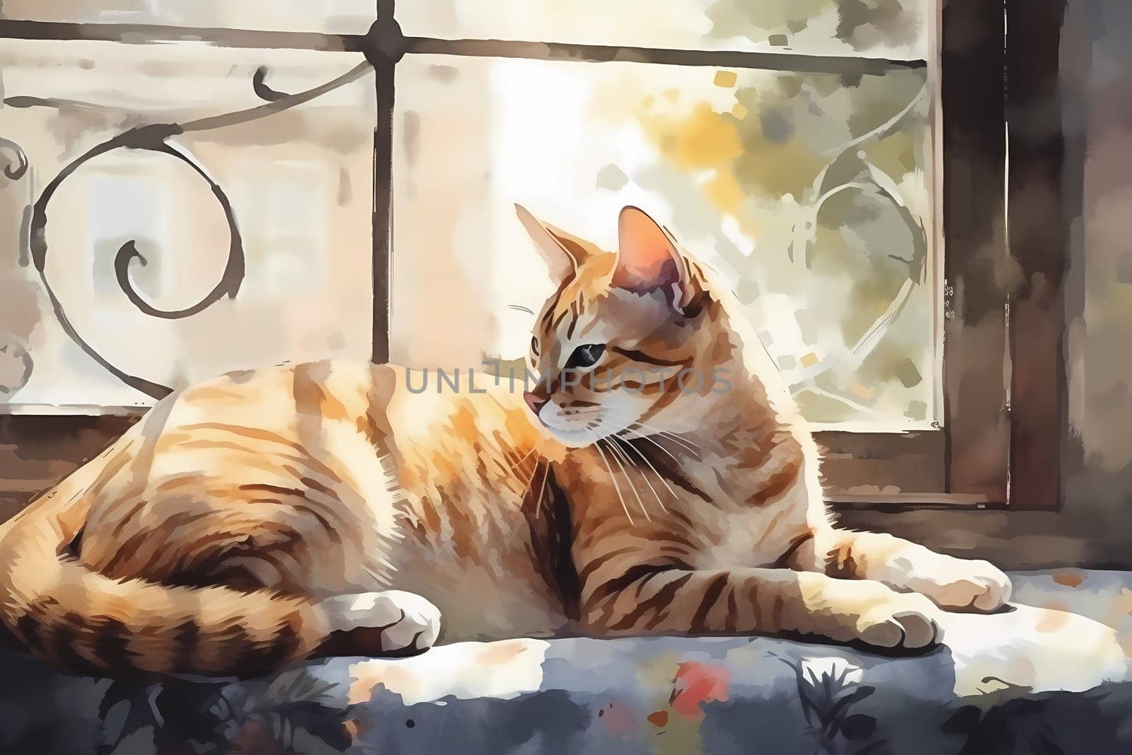 The curious cat is watching birds outside while comfortably perched on the windowsill. (generative AI)