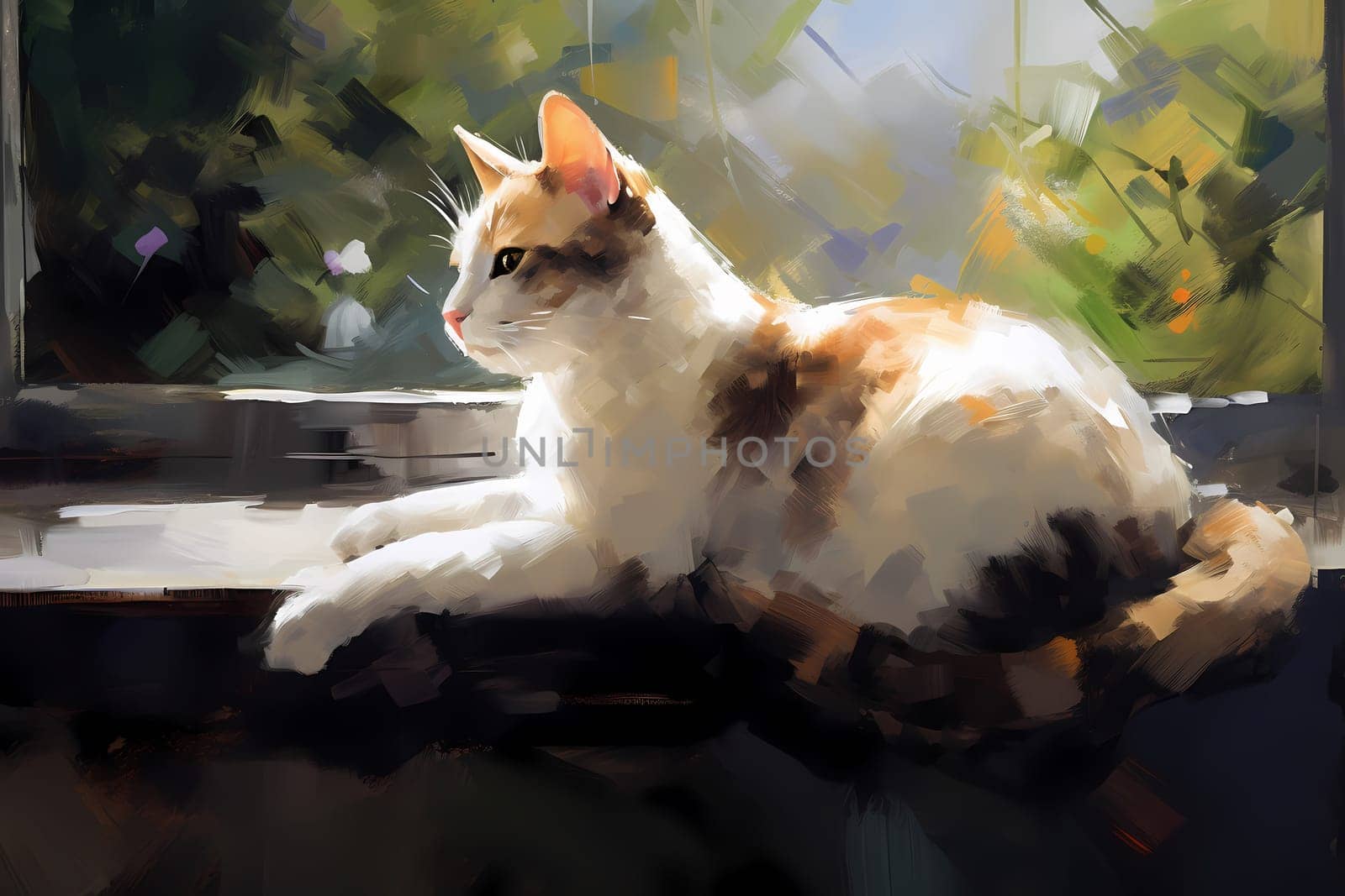 The curious cat is watching birds outside while comfortably perched on the windowsill. (generative AI)