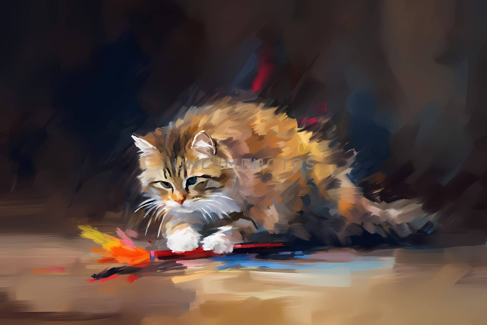 The cat is leaping and pouncing energetically, batting at the feather toy with sharp claws and bright eyes. (generative AI)