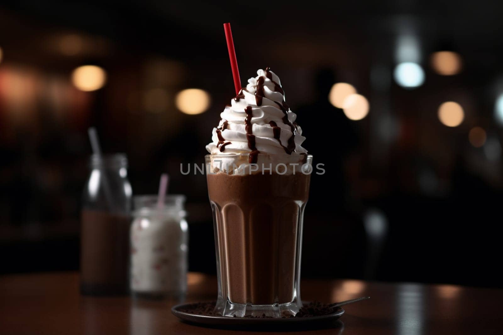 A chocolate milkshake topped with whipped cream