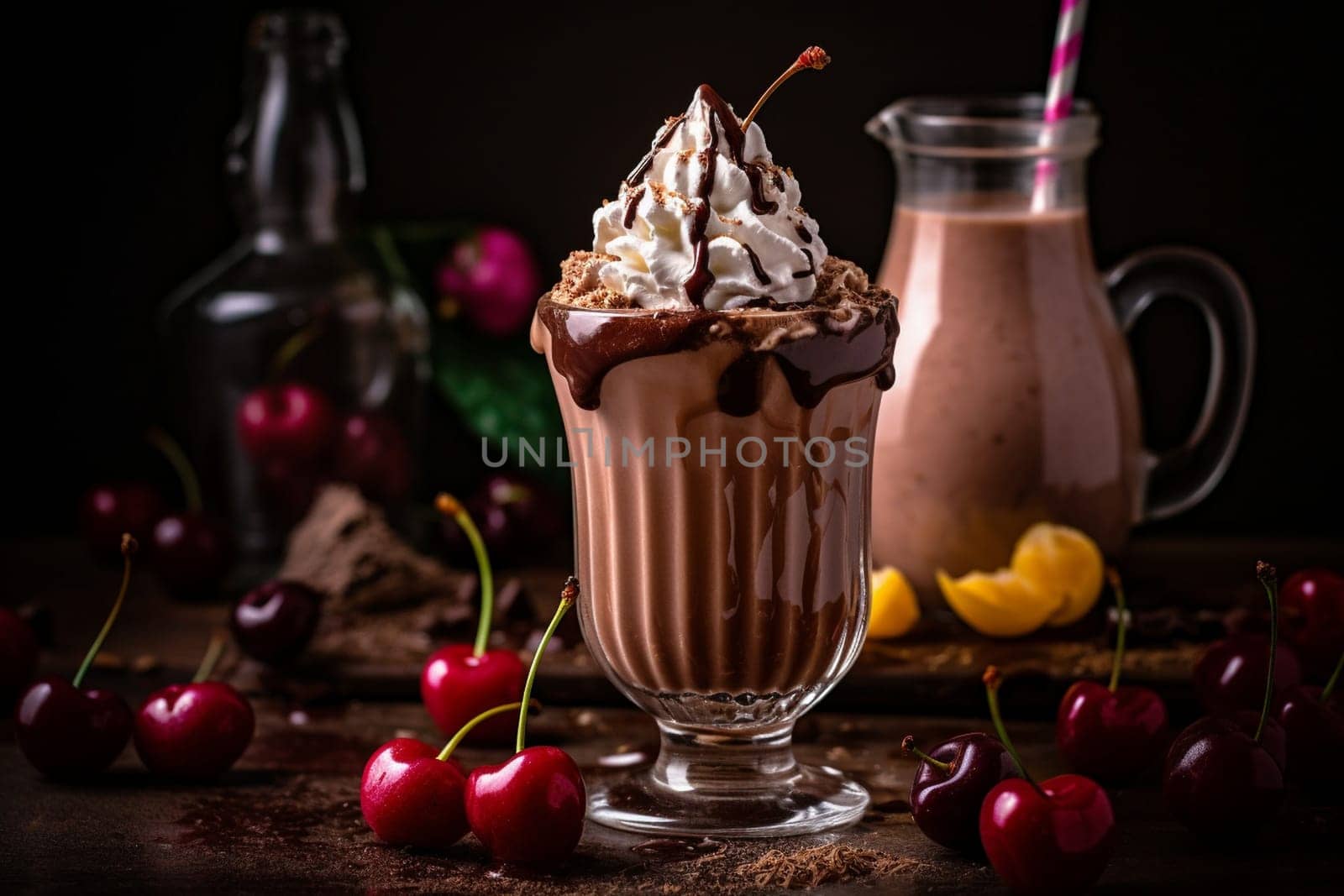 A delicious chocolate milkshake with whipped cream and cherry on top