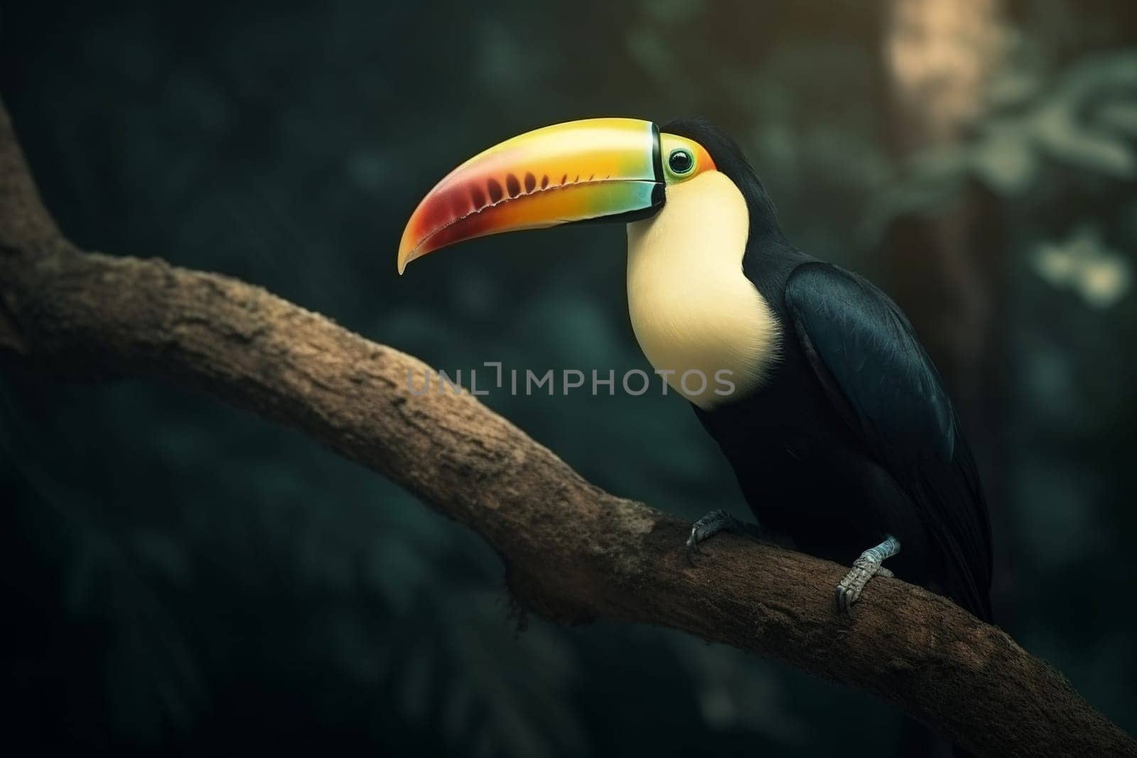 A curious toucan with a vibrant beak observes its lush tropical surroundings while perching on a tree branch (generative AI)