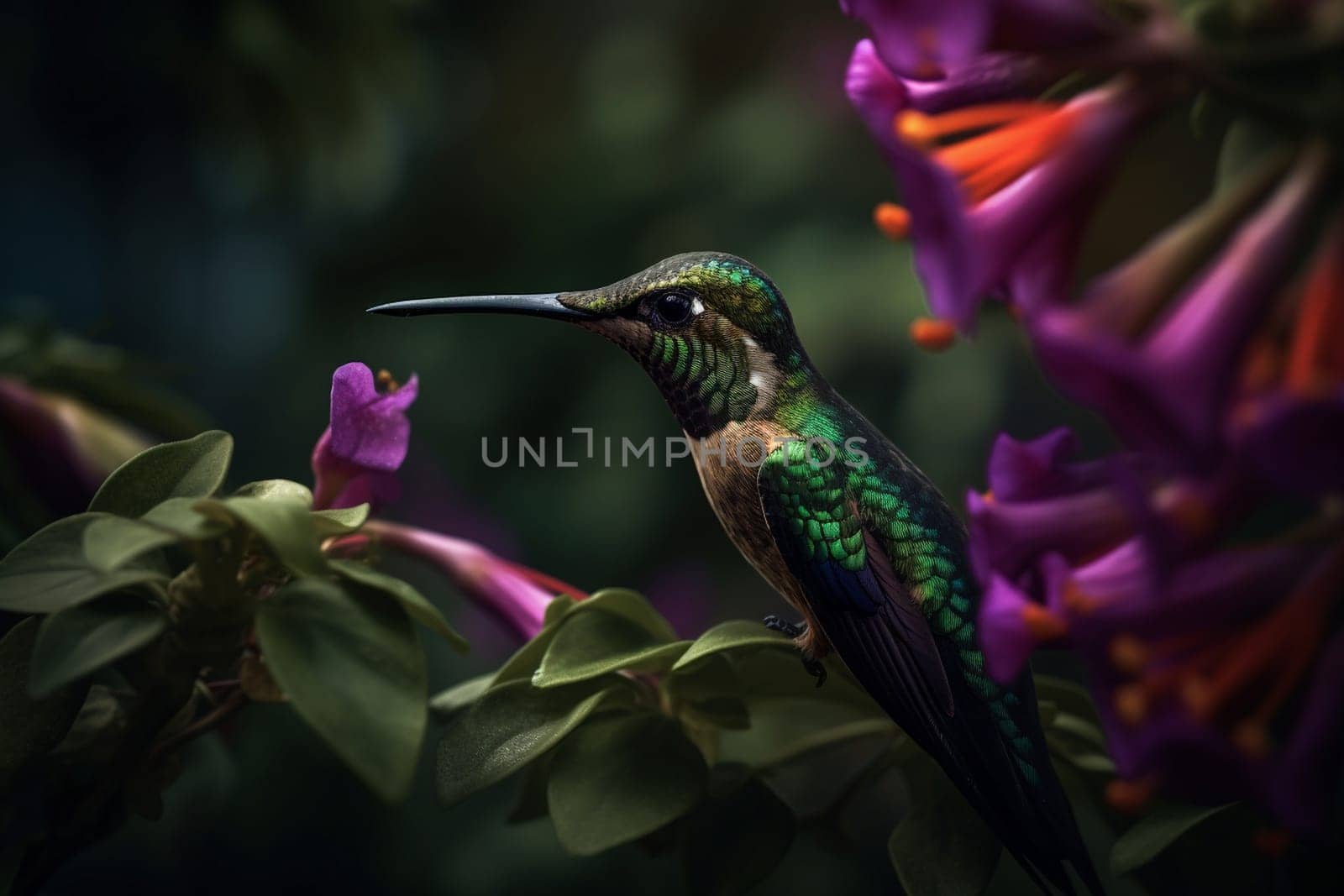 A cute hummingbird flits from flower to flower gathering nectar (generative AI)