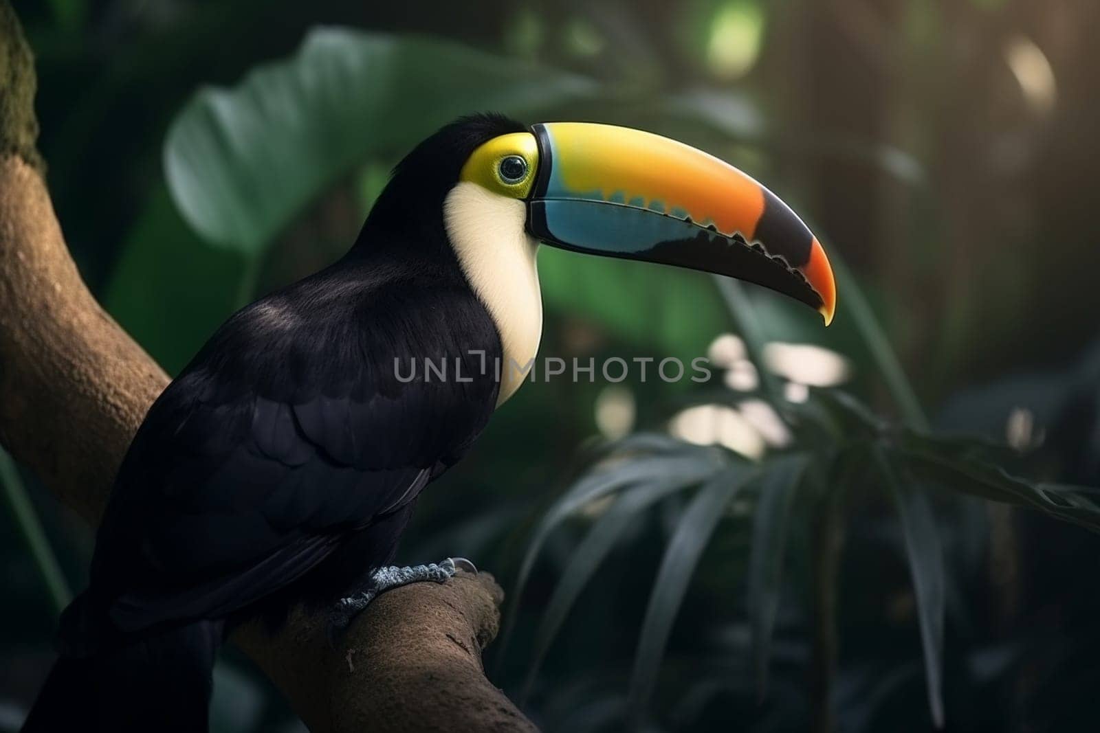 A curious toucan with a vibrant beak observes its lush tropical surroundings while perching on a tree branch (generative AI)