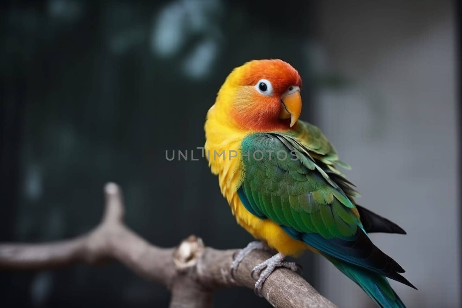 A parrot lovebird perches on a branch with colorful feathers (generative AI)