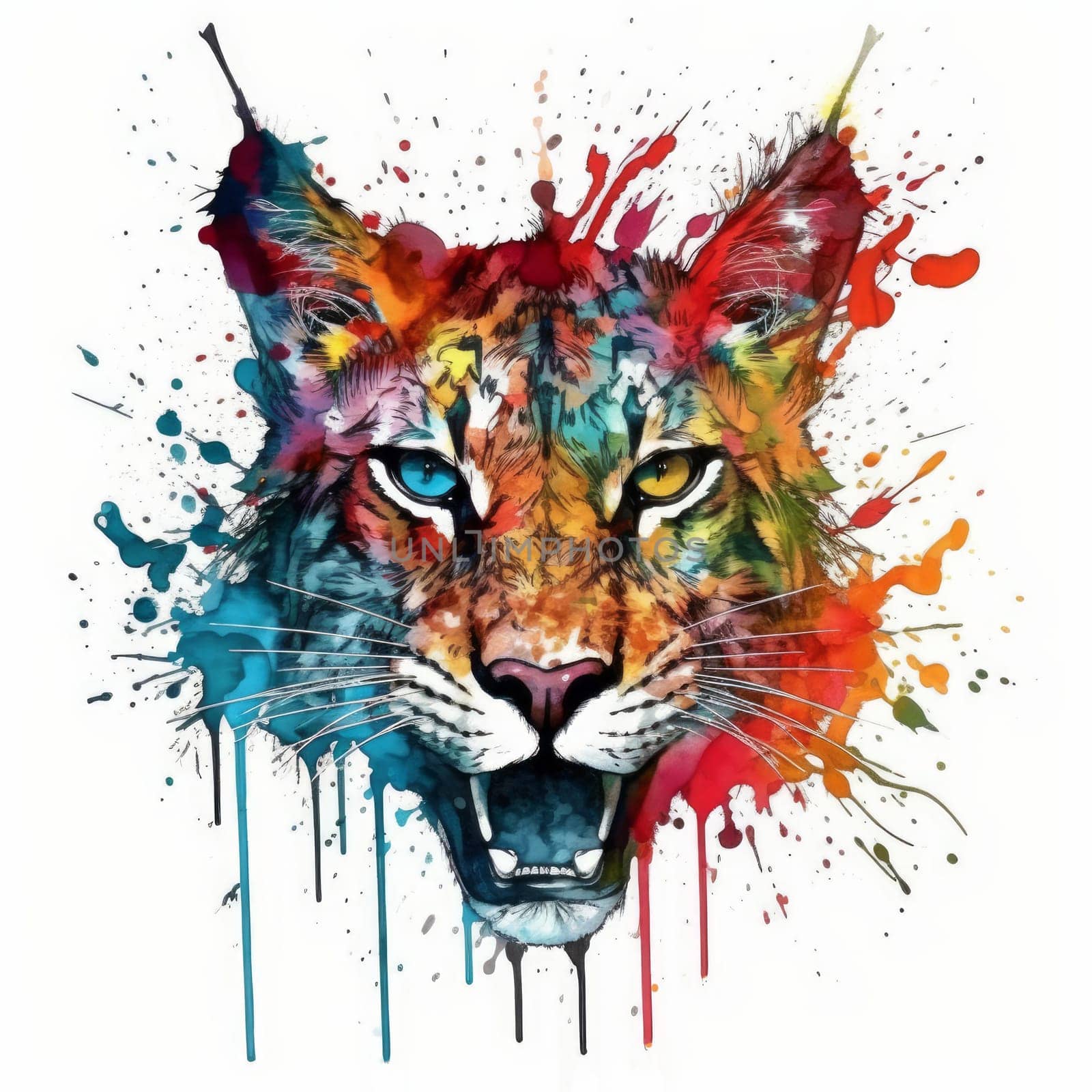 Wild lynx head fiercely roaring against a white background. Colorful splatters of watercolor and ink. Created using generative artificial intelligence.