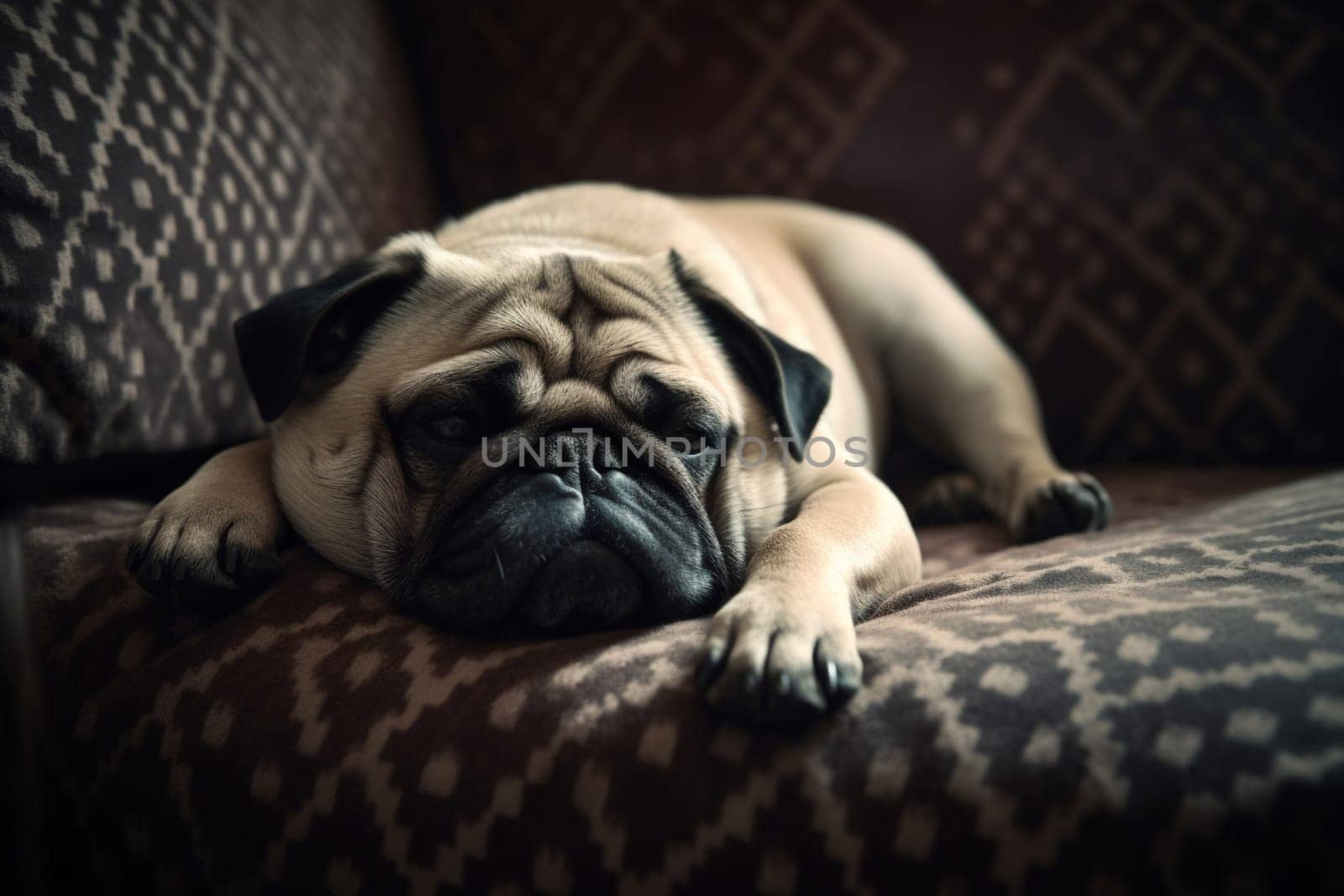 The adorable pug is taking a nap on the comfortable sofa, snoring softly. (generative AI)