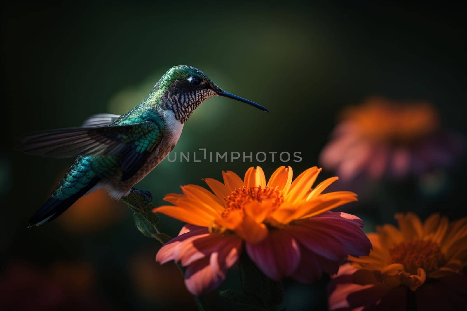 A cute little hummingbird drinks nectar from a vibrant flower in a garden (generative AI)