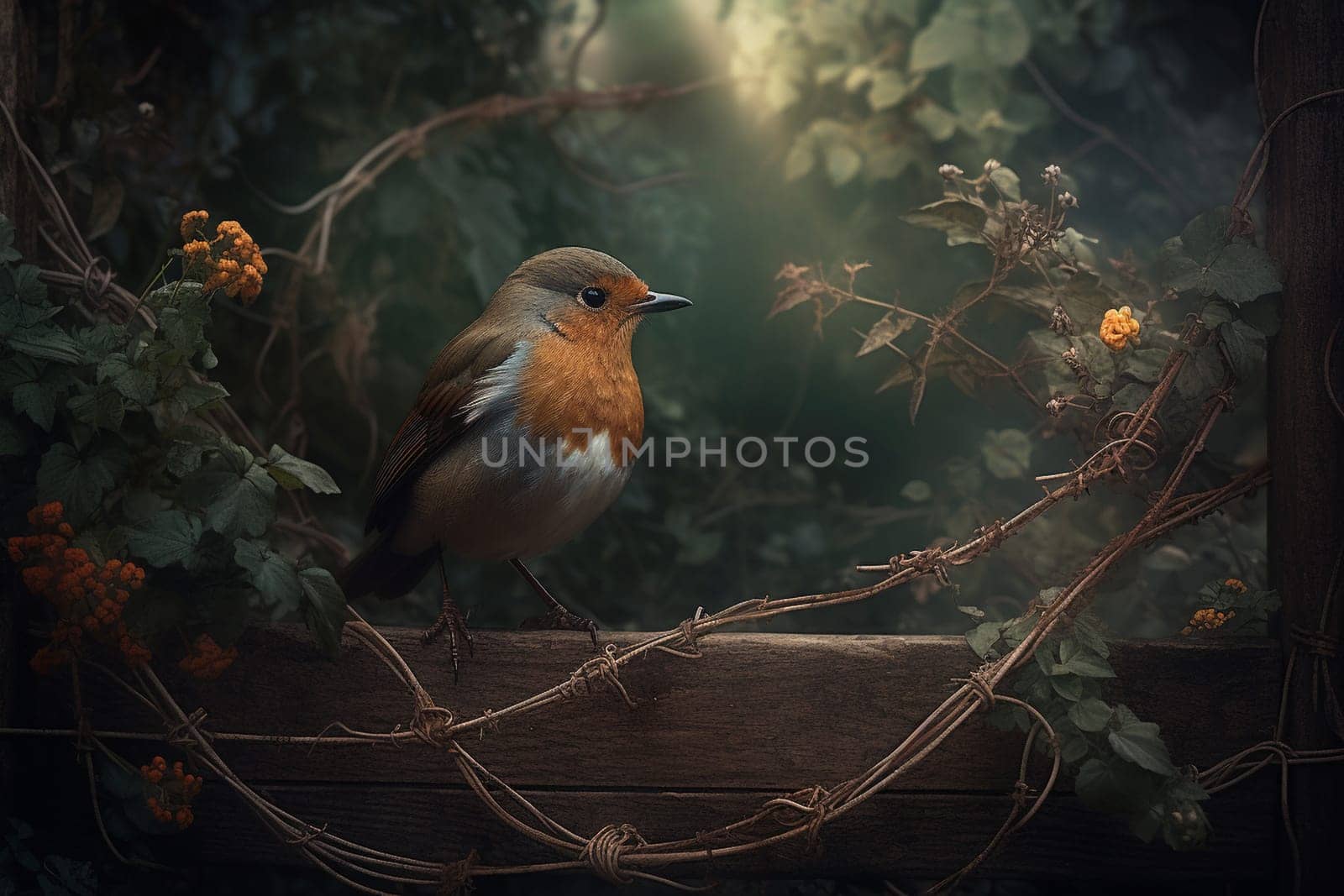 A cute robin perches on a garden fence, chirping merrily (generative AI)