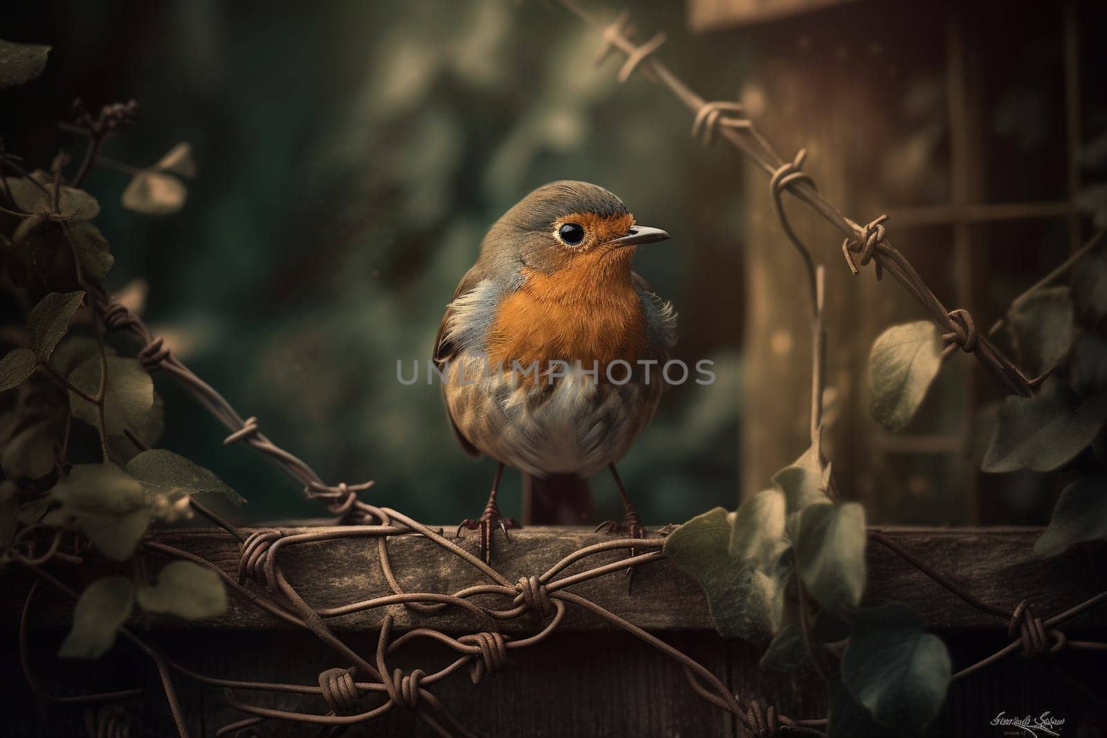 A cute robin perches on a garden fence, chirping merrily (generative AI)