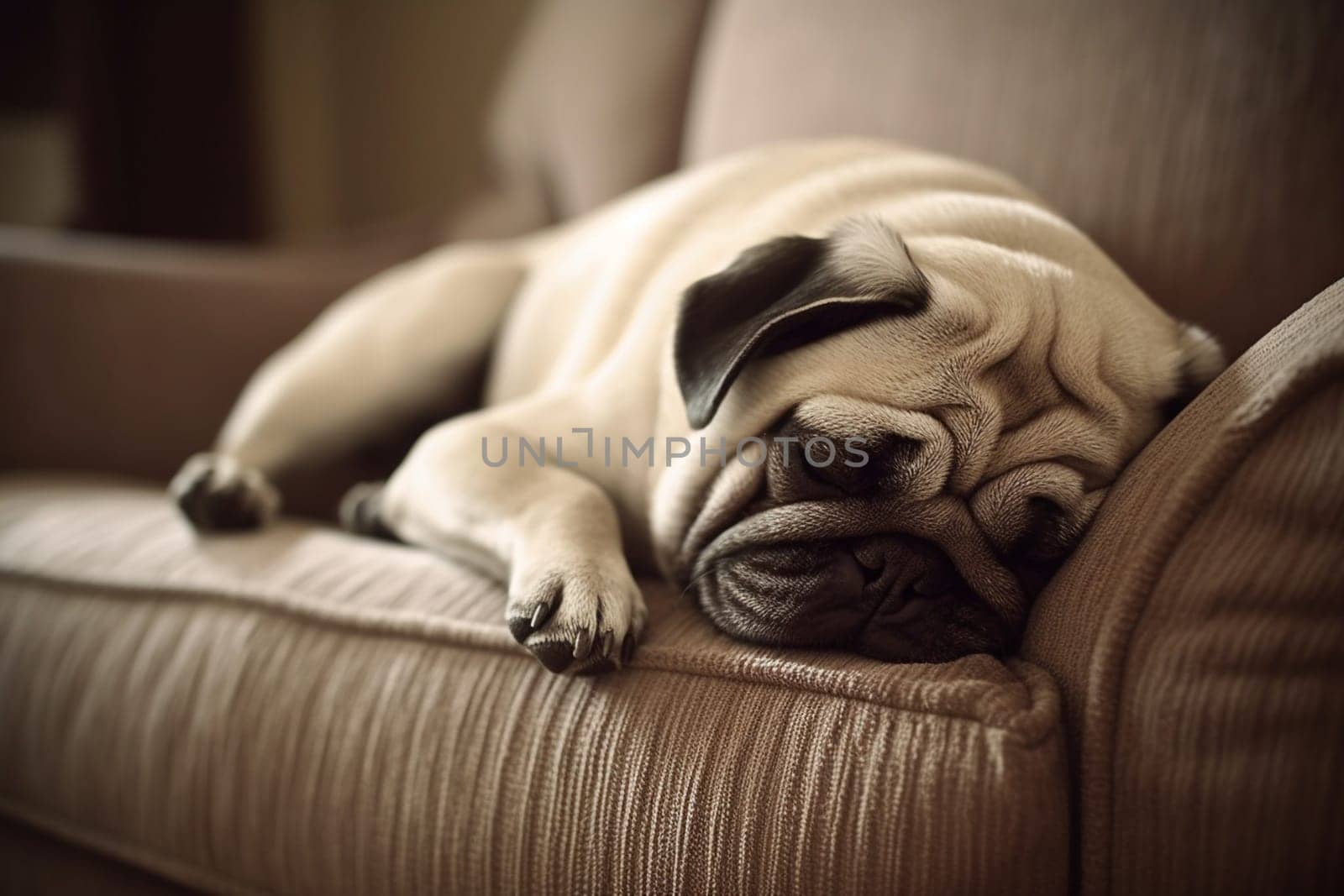 The adorable pug is taking a nap on the comfortable sofa, snoring softly. (generative AI)