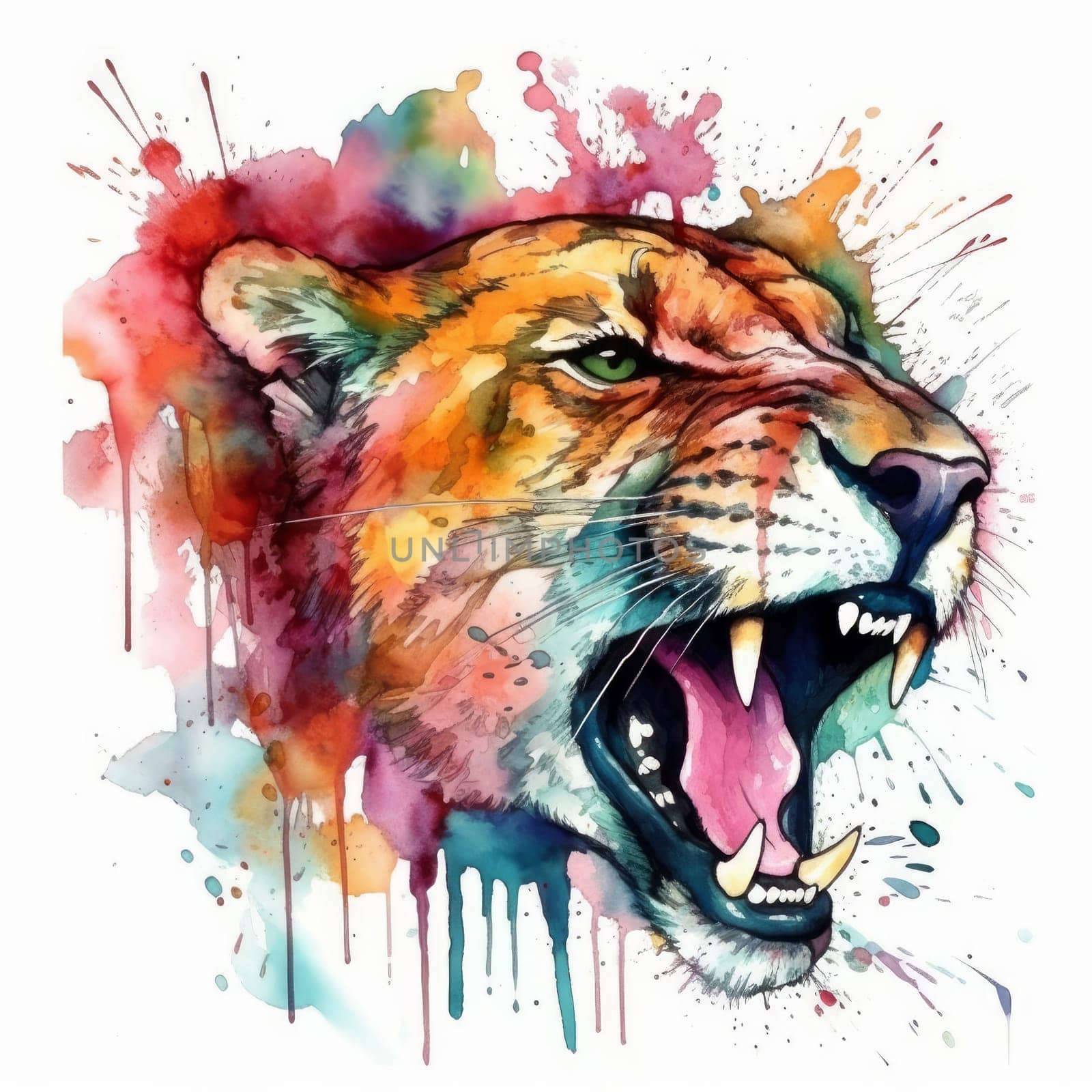 Wild cougar head roaring fiercely on white background. Colorful watercolor and ink splashes. Created using generative artificial intelligence.