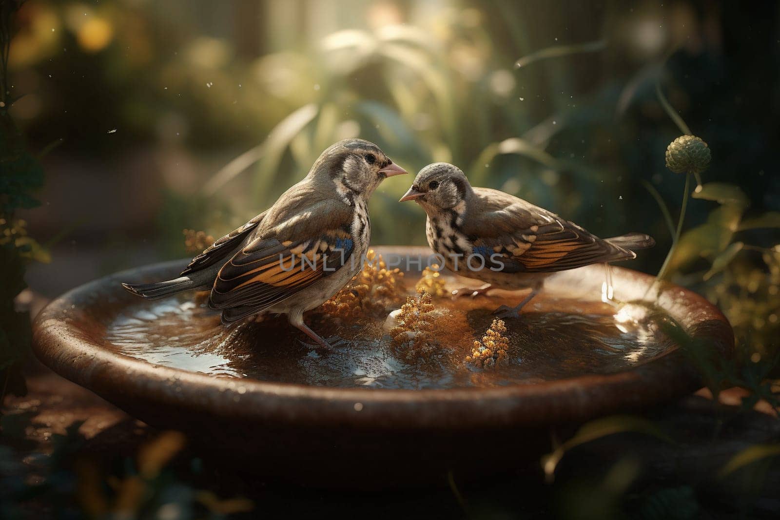 A family of tiny finches are enjoying a birdbath in a suburban backyard (generative AI)