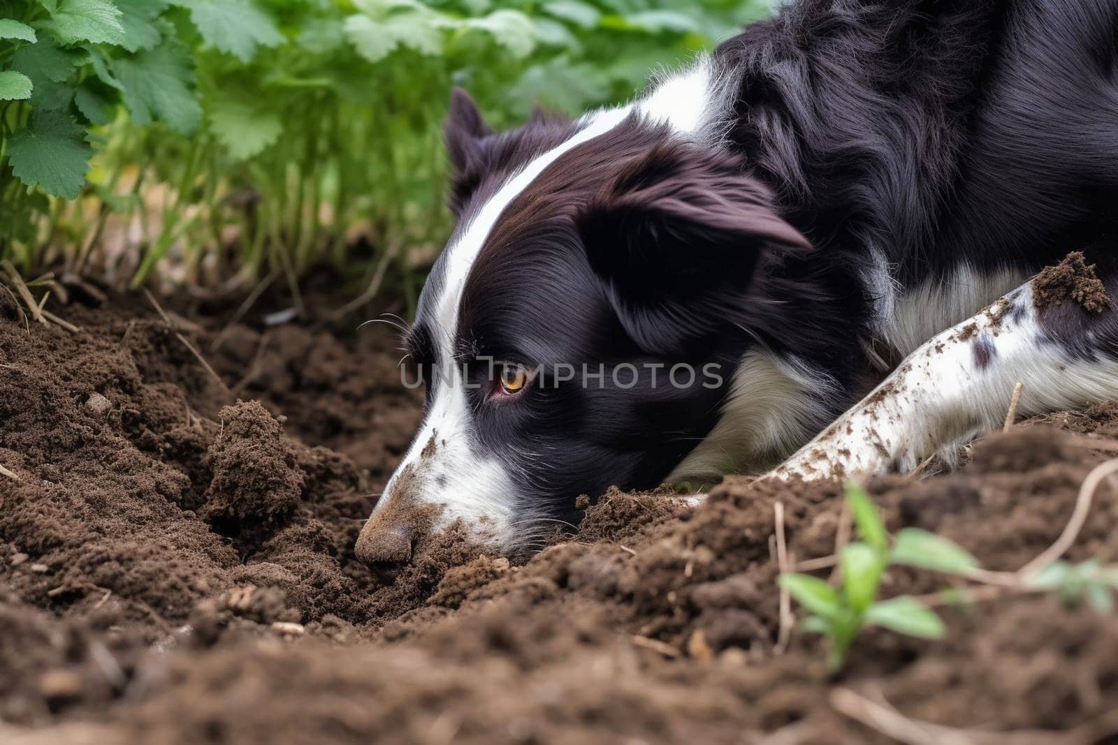 A dog is relentlessly digging a hole in the garden, determined to reach the other side. (generative AI)