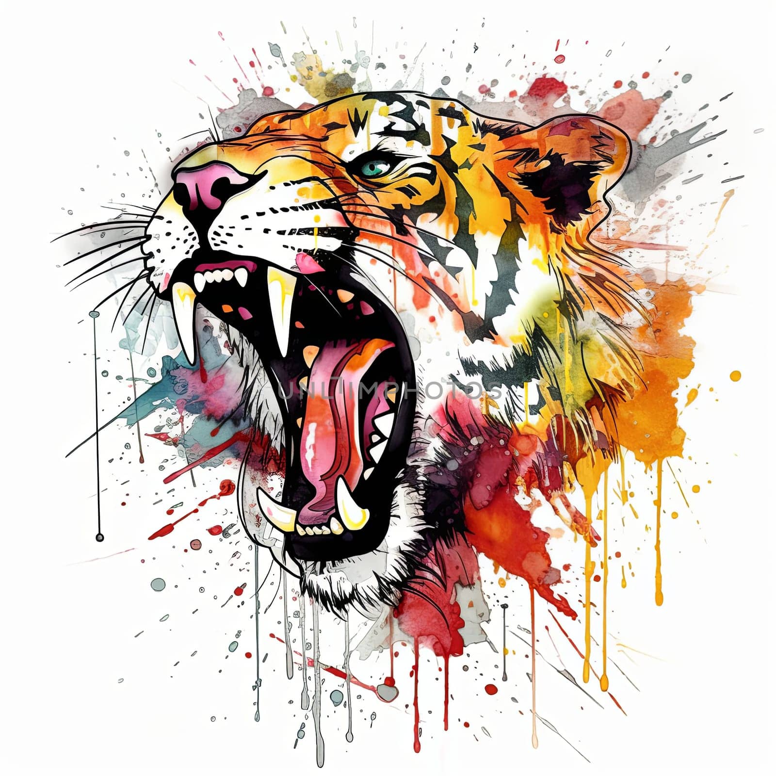 Wild tiger head fiercely roaring against a white background. Colorful splatters of watercolor and ink. Created using generative artificial intelligence.