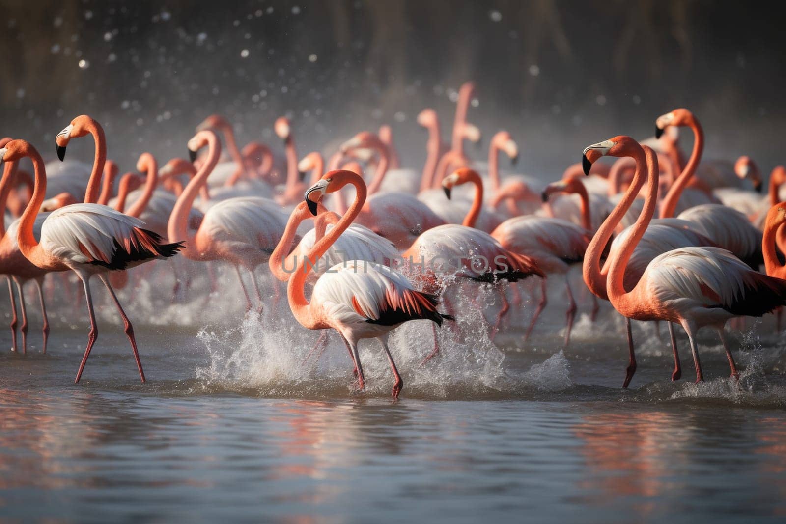 Flamboyance of flamingos dancing and splashing in shallow lagoon by the ocean (generative AI)