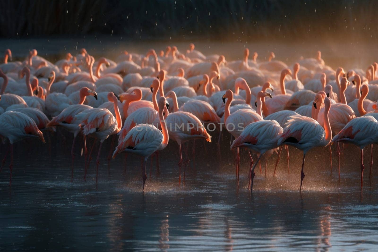A group of flamboyant flamingos gather for their daily meal in a shimmering salt lake (generative AI)