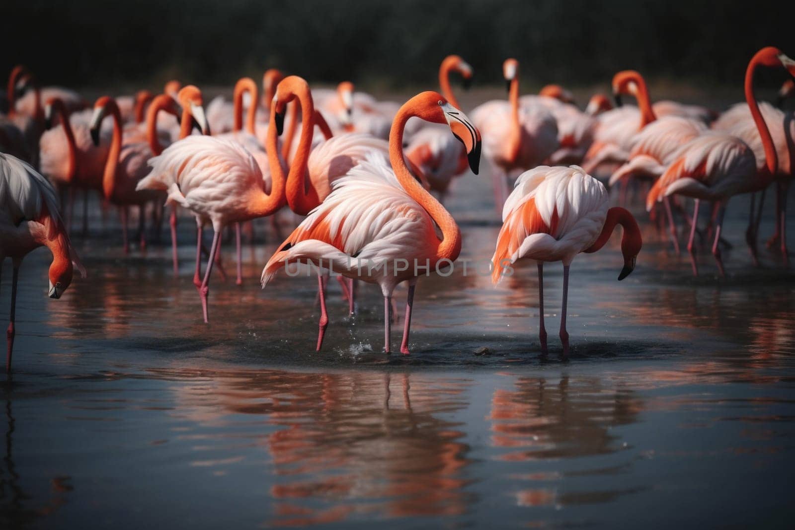 A group of pink flamingos with their long necks and legs are gracefully dancing together in shallow water of a lagoon surrounded by lush greenery (generative AI)