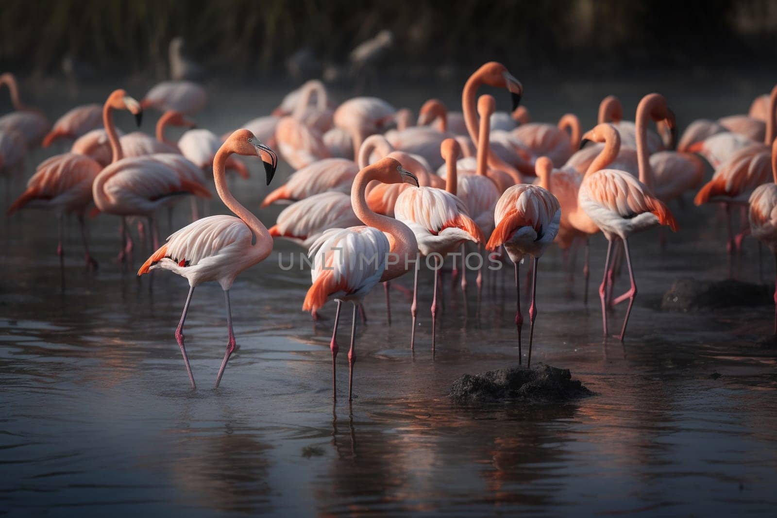 A group of Flamingos with pink feathers standing elegantly in the shallow waters of a lagoon (generative AI)
