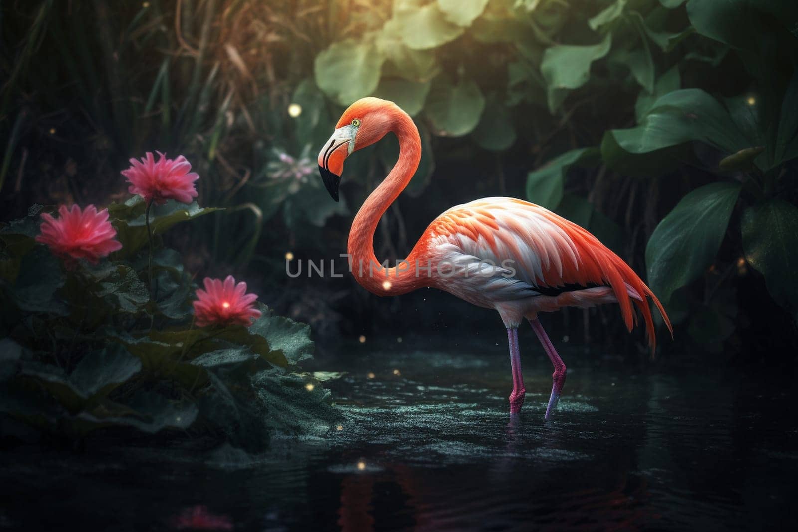 A vibrant pink flamingo is happily feeding on the varied flora and fauna of a bustling wetland ecosystem (generative AI)