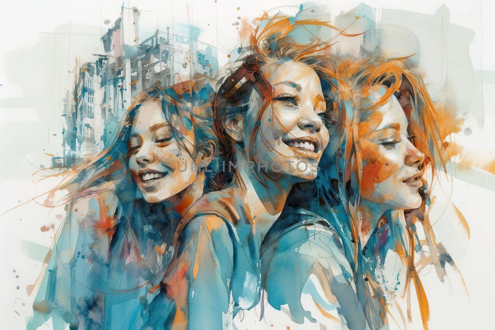 Three beautiful young women in the city - Watercolor portrait - Urban diversity concept - Generative AI