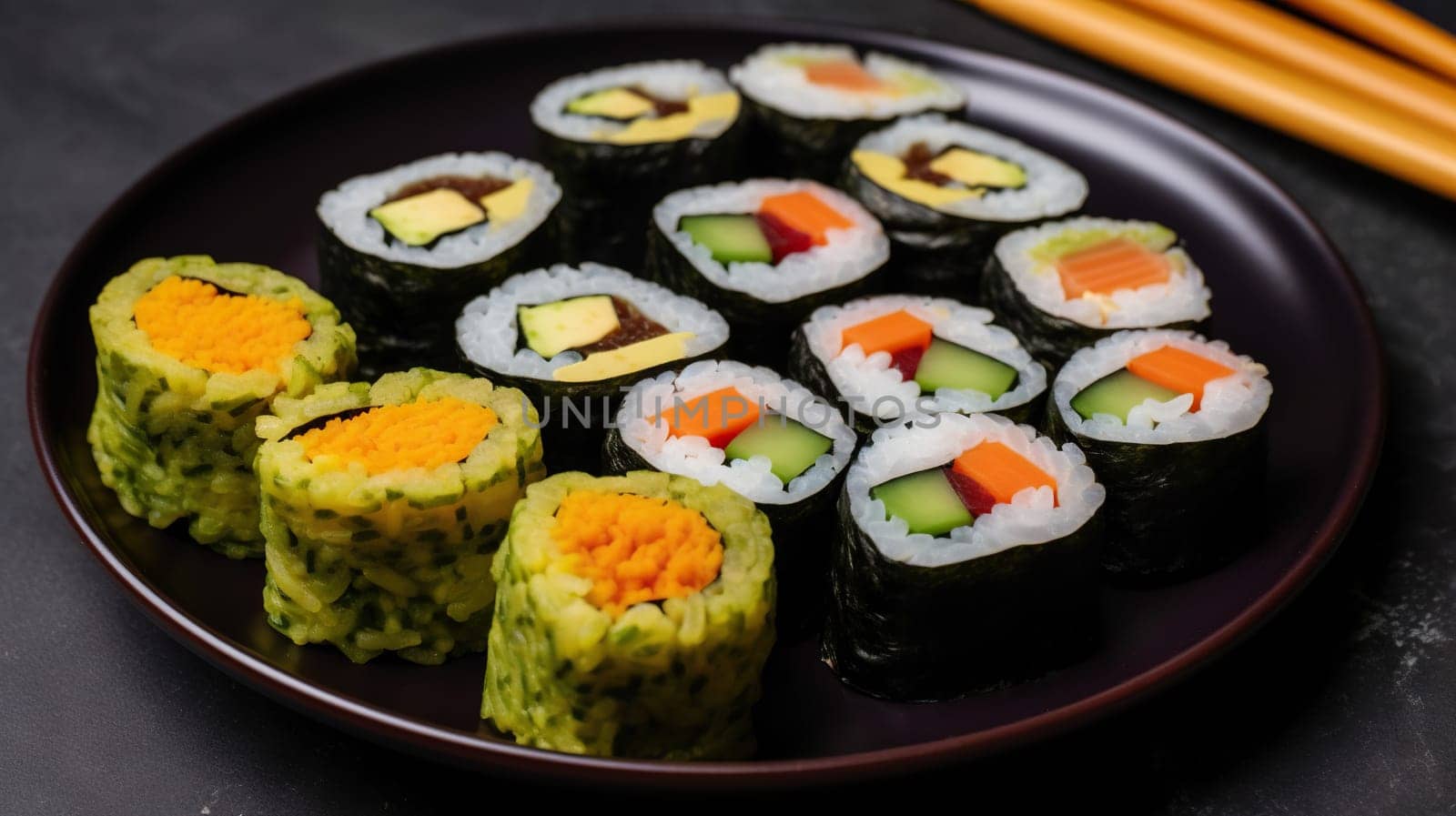 plate of colorful vegetarian sushi rolls - generative AI