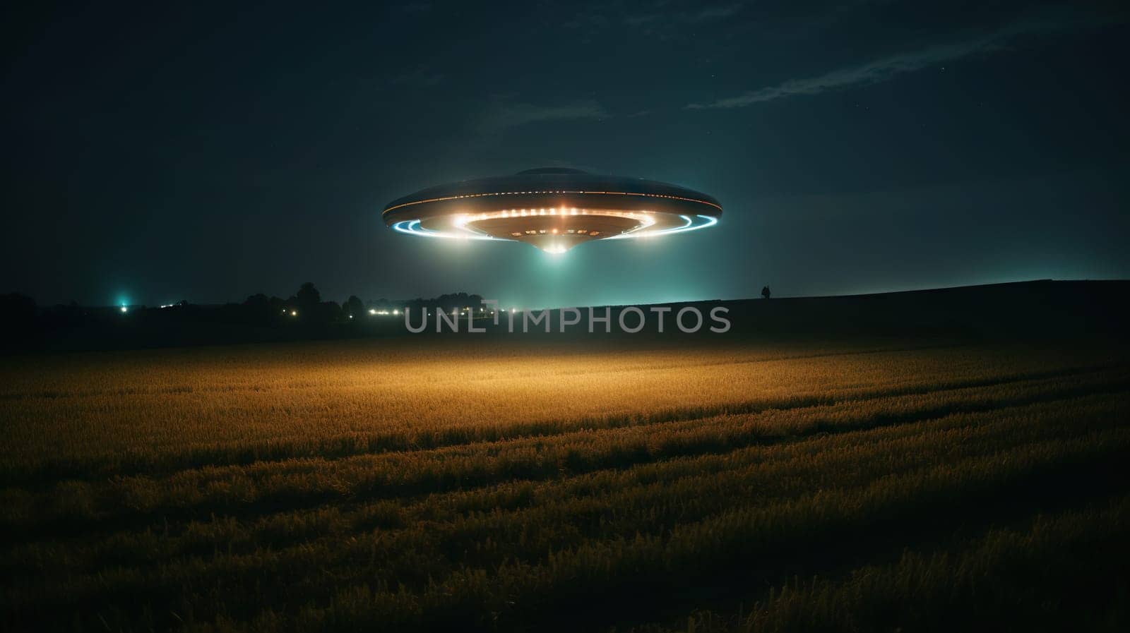 UFO at night landing on a meadow - generative AI - AI generated
