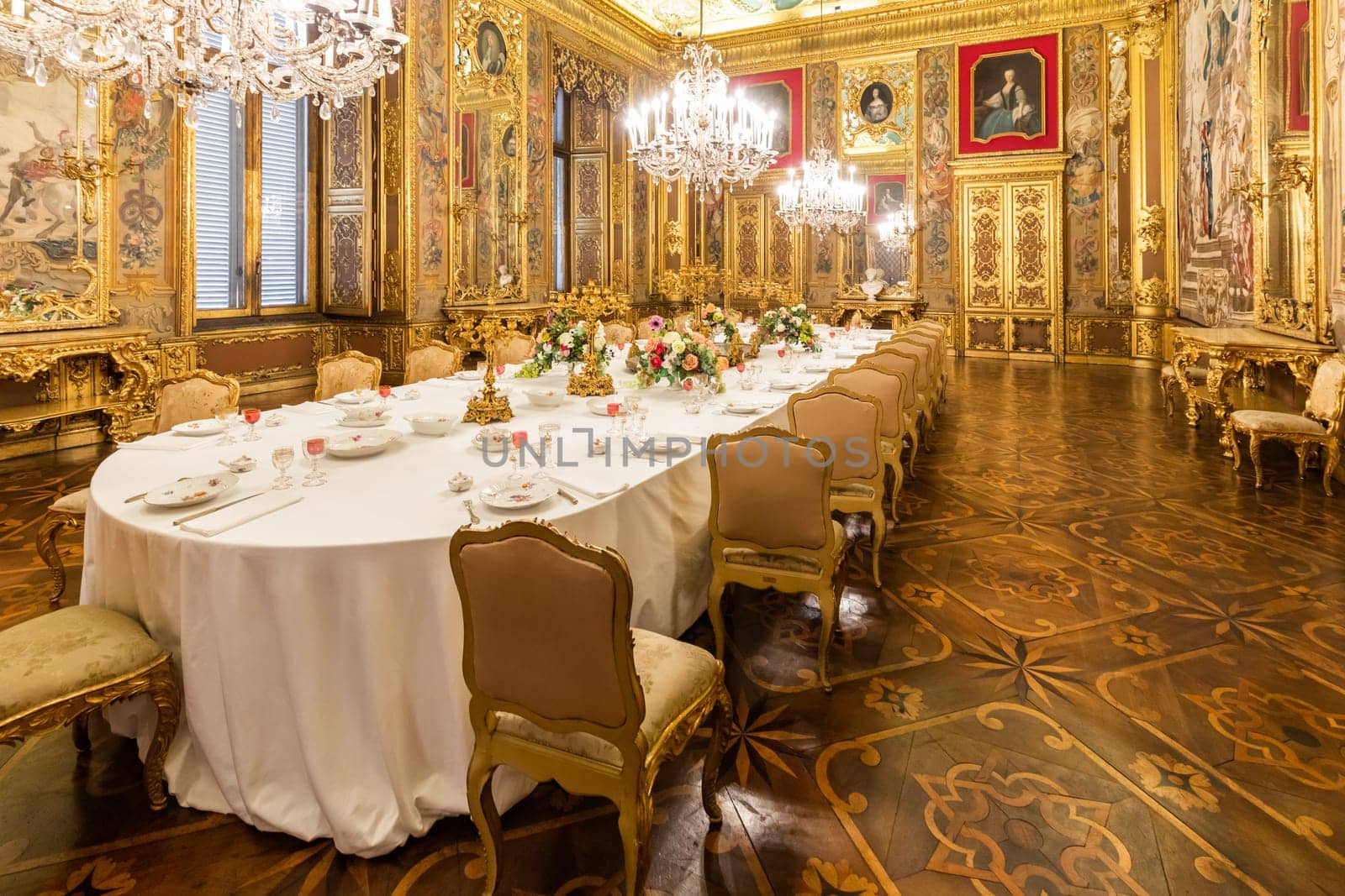 Turin, Italy - April, 2023: Royal Palace Dining Room. Luxury elegant ancient interior, circa 1860