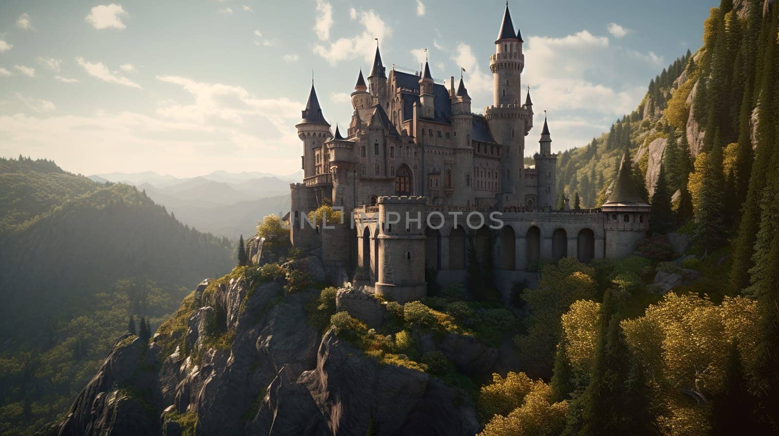 Majestic castle perched on a rocky outcrop - Generative AI - AI generated