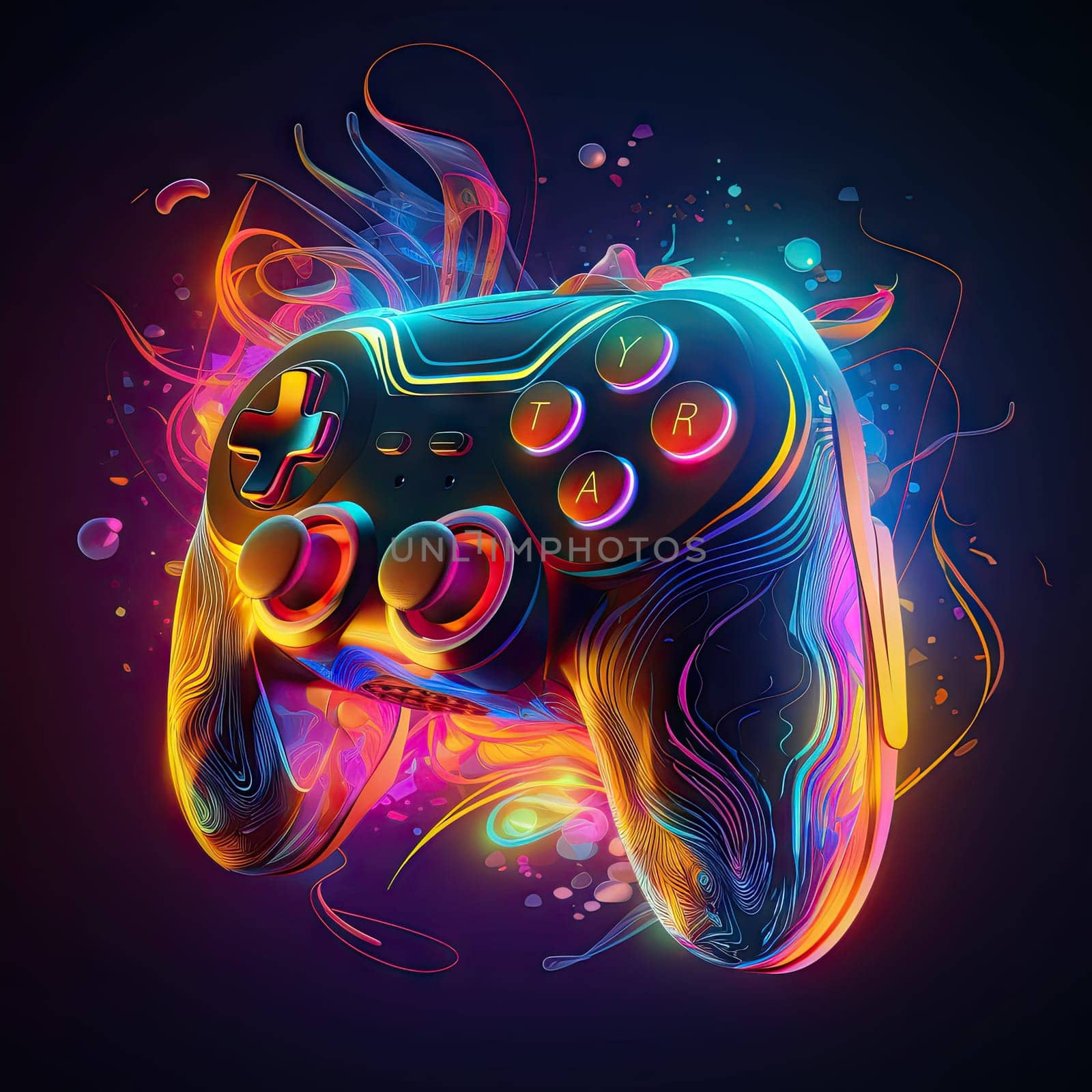 Glowing neon light gamepad - generative AI - AI generated