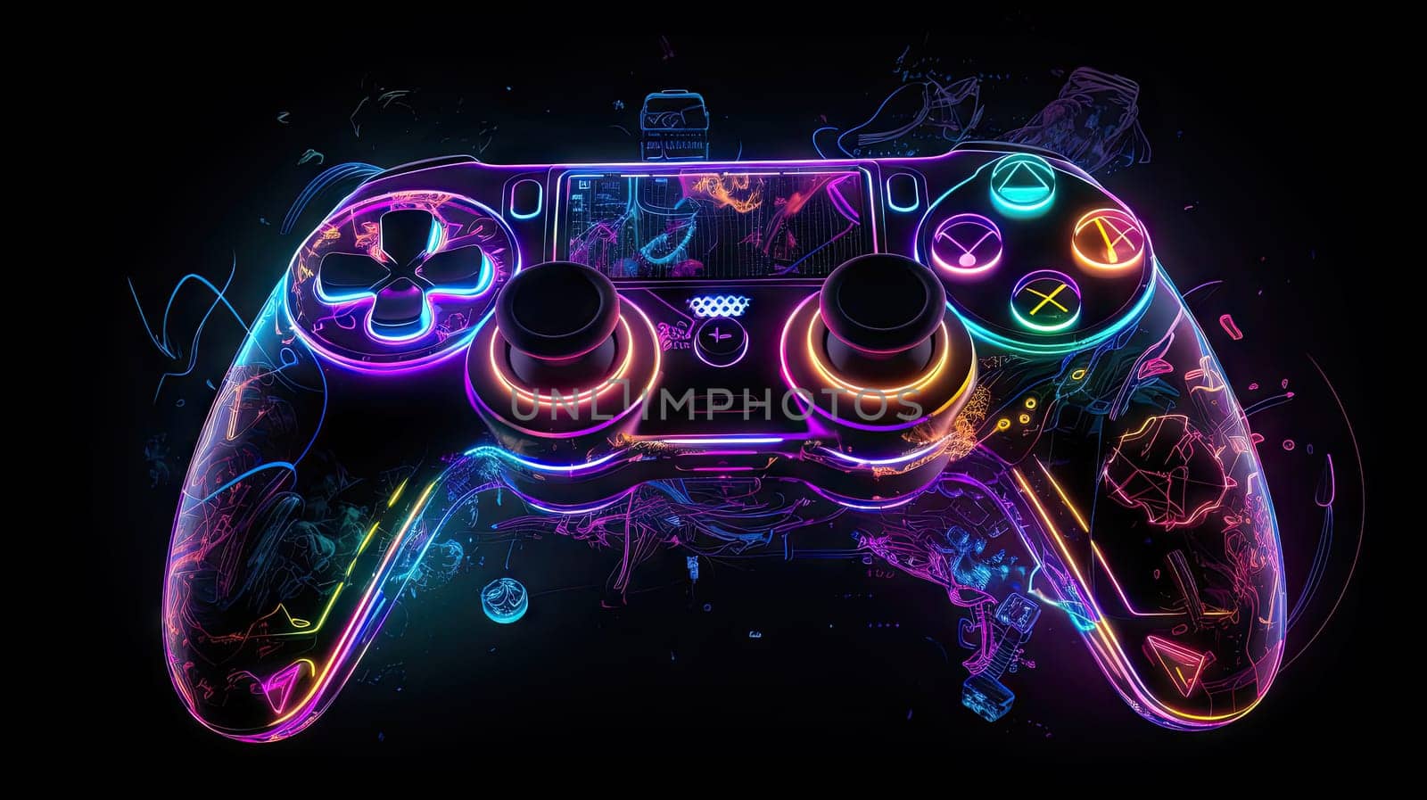 Glowing neon light gamepad - generative AI - AI generated