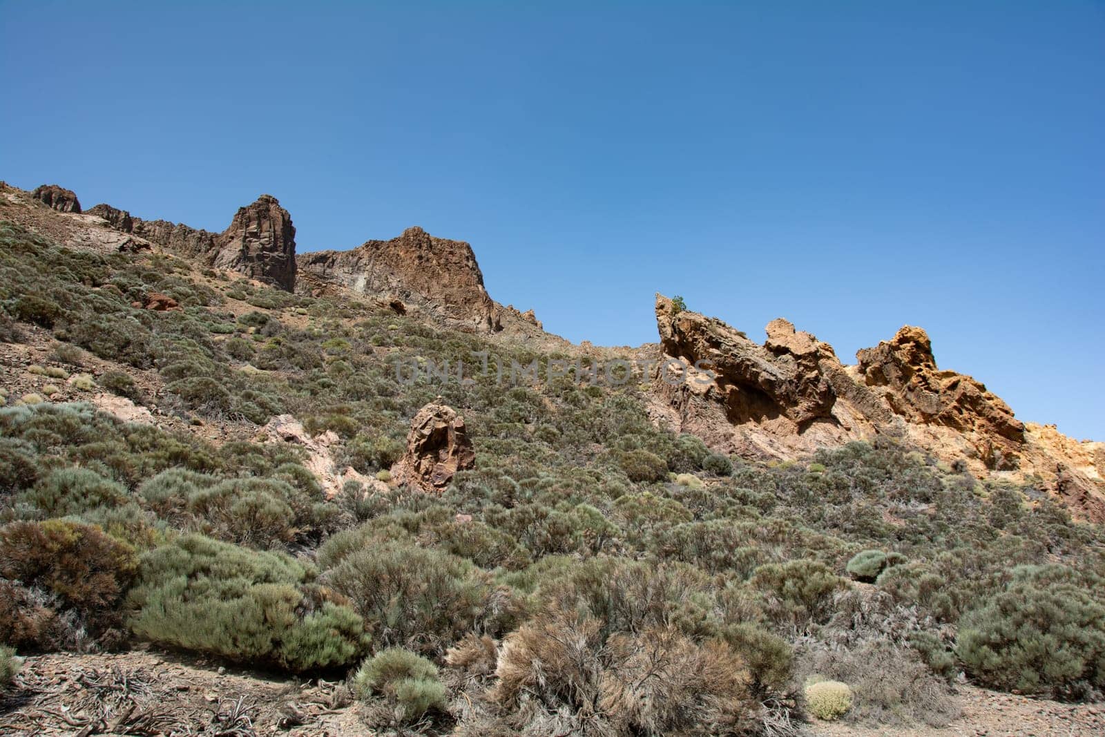 Gigantic rocks in the volcanic landscape in El Teide National Park on the Canary Island of Tenerife, Spain