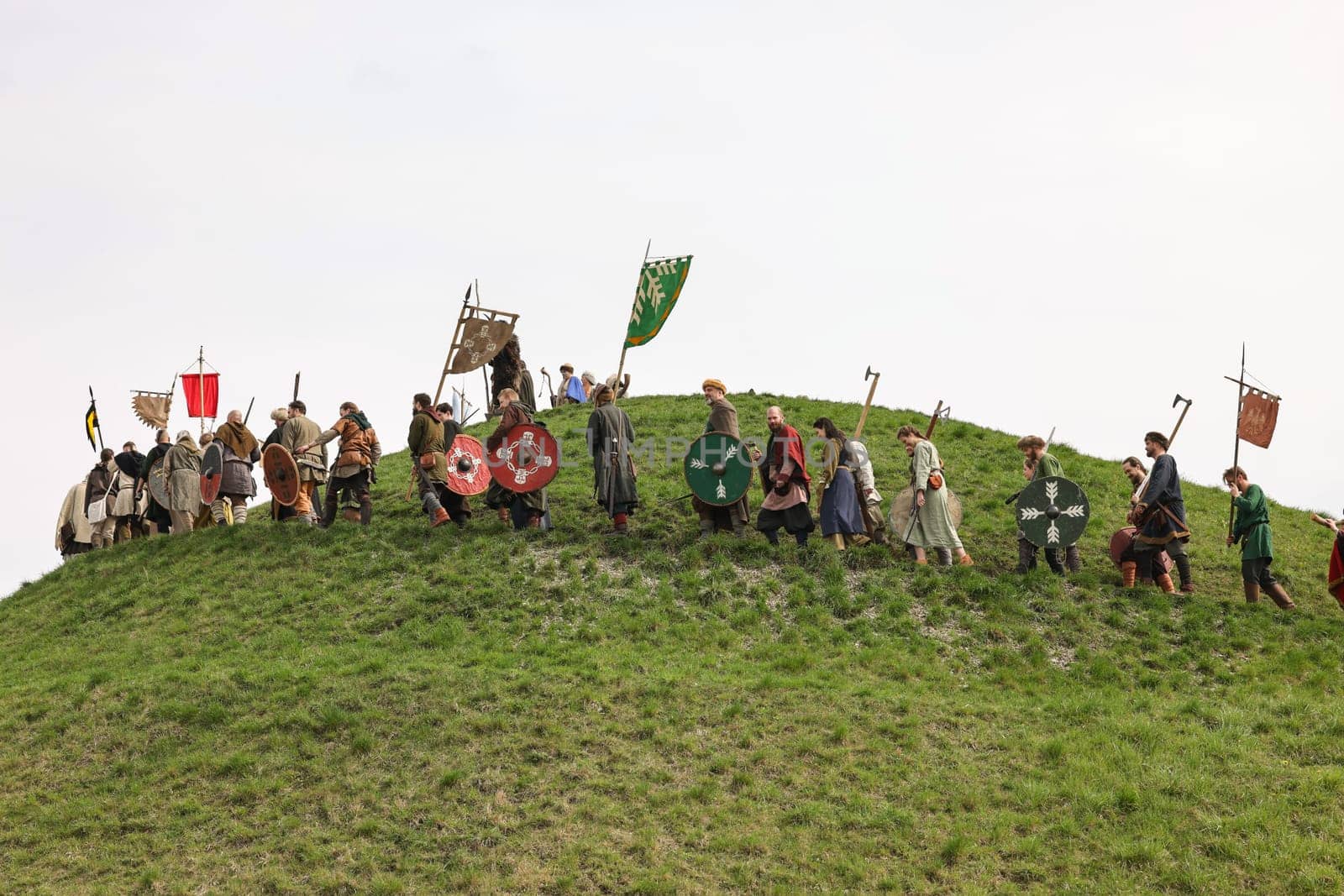 Krakow, Poland - April 11, 2023: Unidentified participants of Rekawka - Polish tradition, celebrated in Krakow on Tuesday after Easter. Currently has the character of festival historical reconstruction