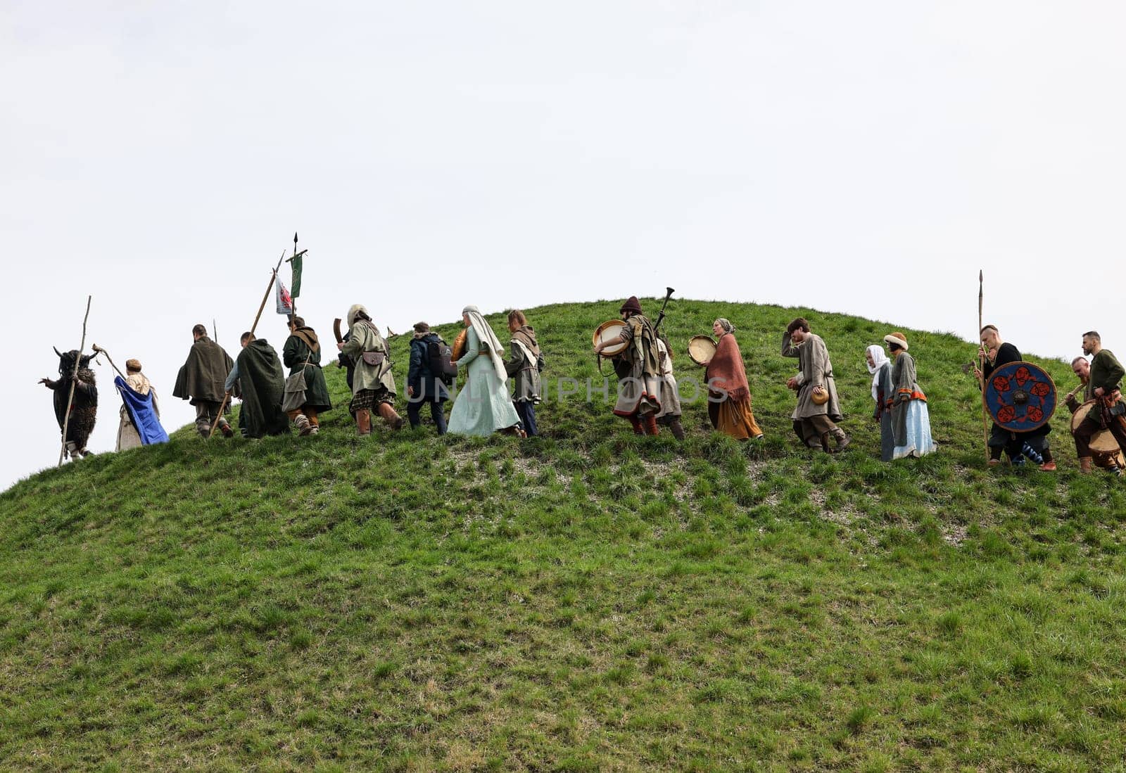 Krakow, Poland - April 11, 2023: Unidentified participants of Rekawka - Polish tradition, celebrated in Krakow on Tuesday after Easter. Currently has the character of festival historical reconstruction