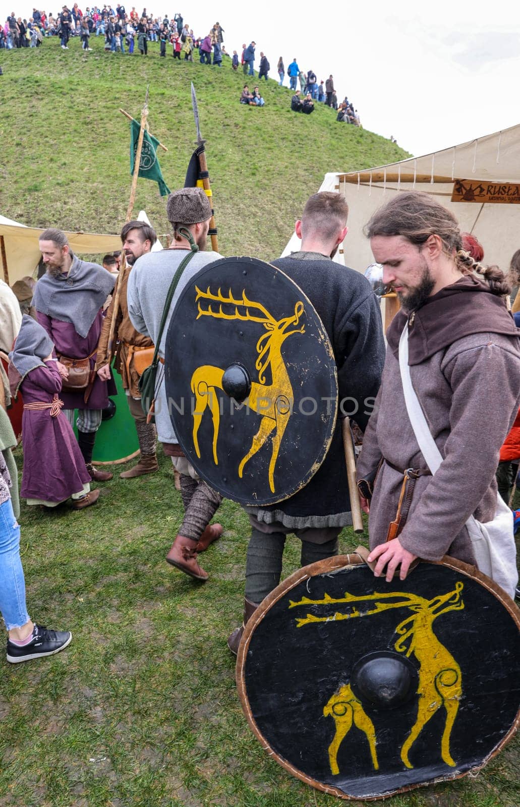 Krakow, Poland - April 11, 2023: Unidentified participants of Rekawka - Polish tradition, celebrated in Krakow on Tuesday after Easter. Currently has the character of festival historical reconstruction