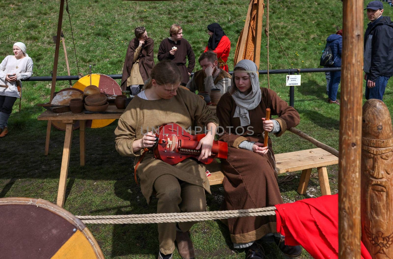 Krakow, Poland - April 11, 2023: Unidentified participants of Rekawka - Polish tradition, celebrated in Krakow on Tuesday after Easter. Currently has the character of festival historical reconstruction