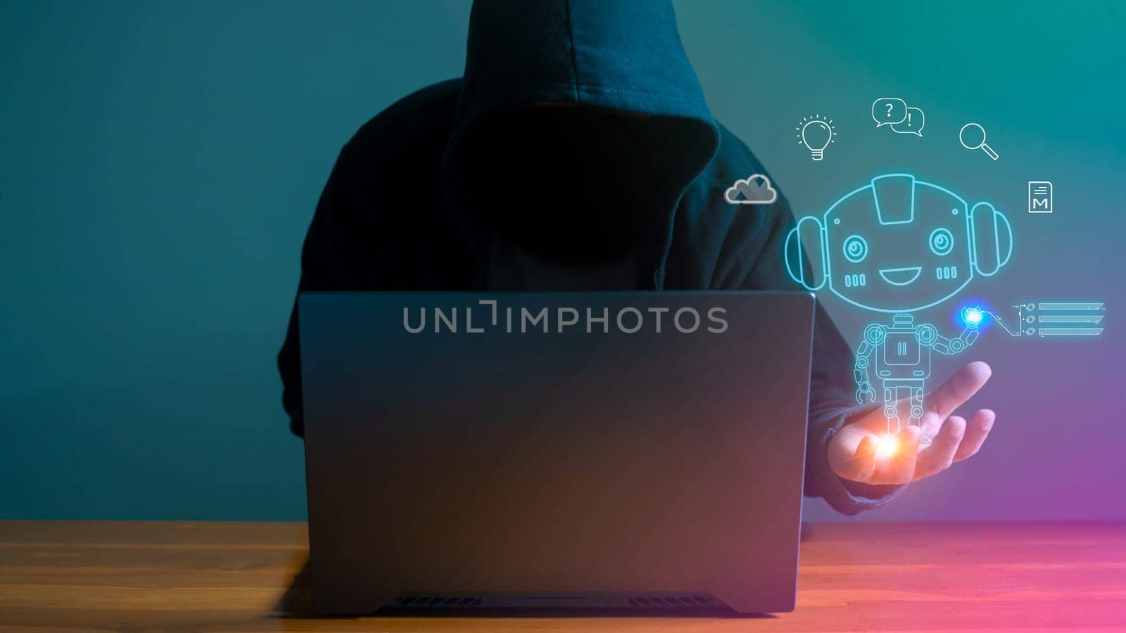 Hackers are stealing data from internet network using AI. Data protection concept, illegal use of AI
