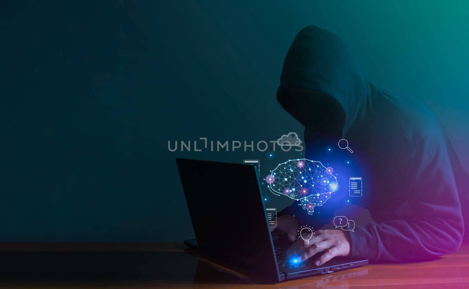Hackers are stealing data from internet network using AI. Data protection concept, illegal use of AI
