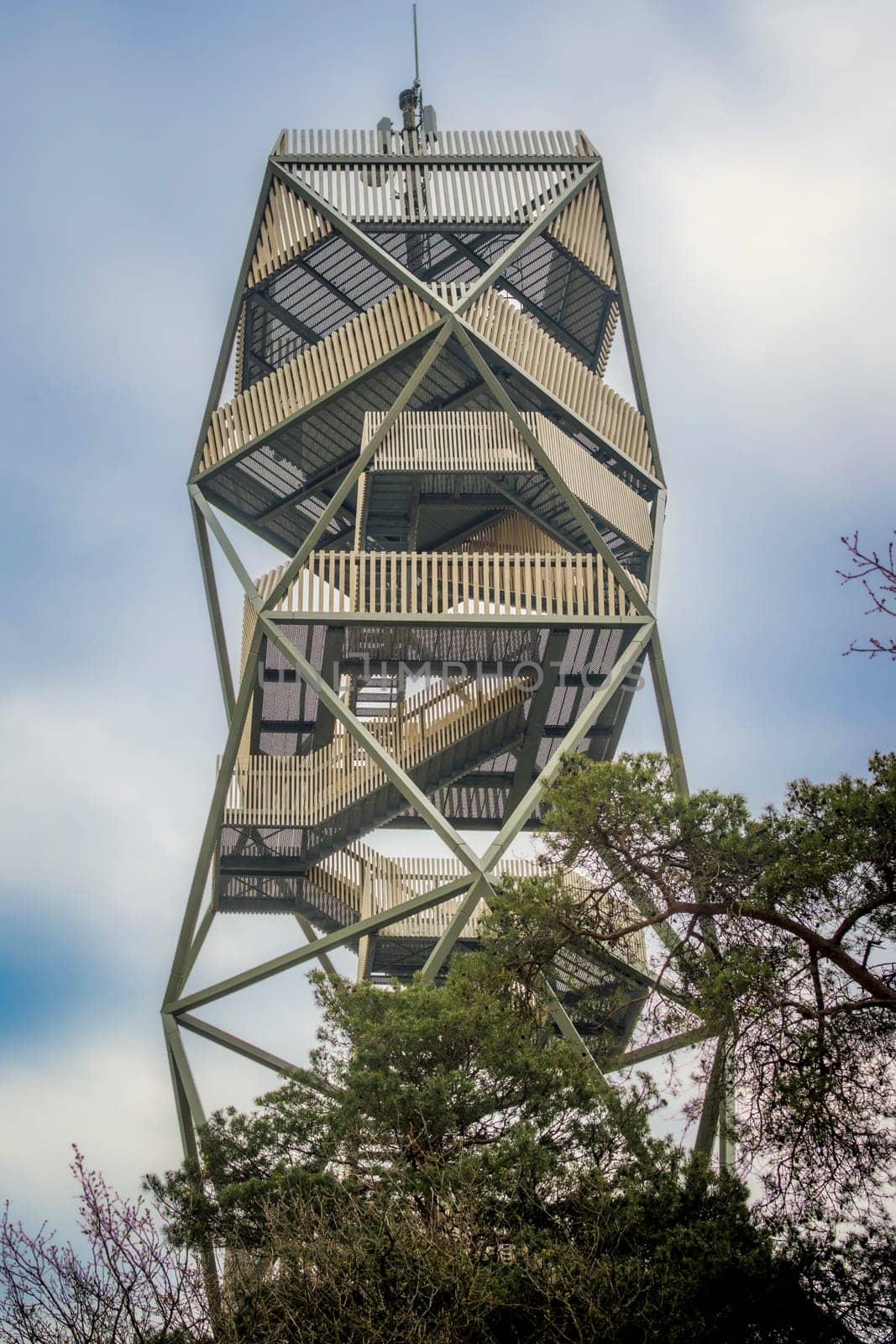 Kalmthout, Belgium, May 2023: View of the lookout tower and fire tower in Kalmthout Heath, nature park in Belgium