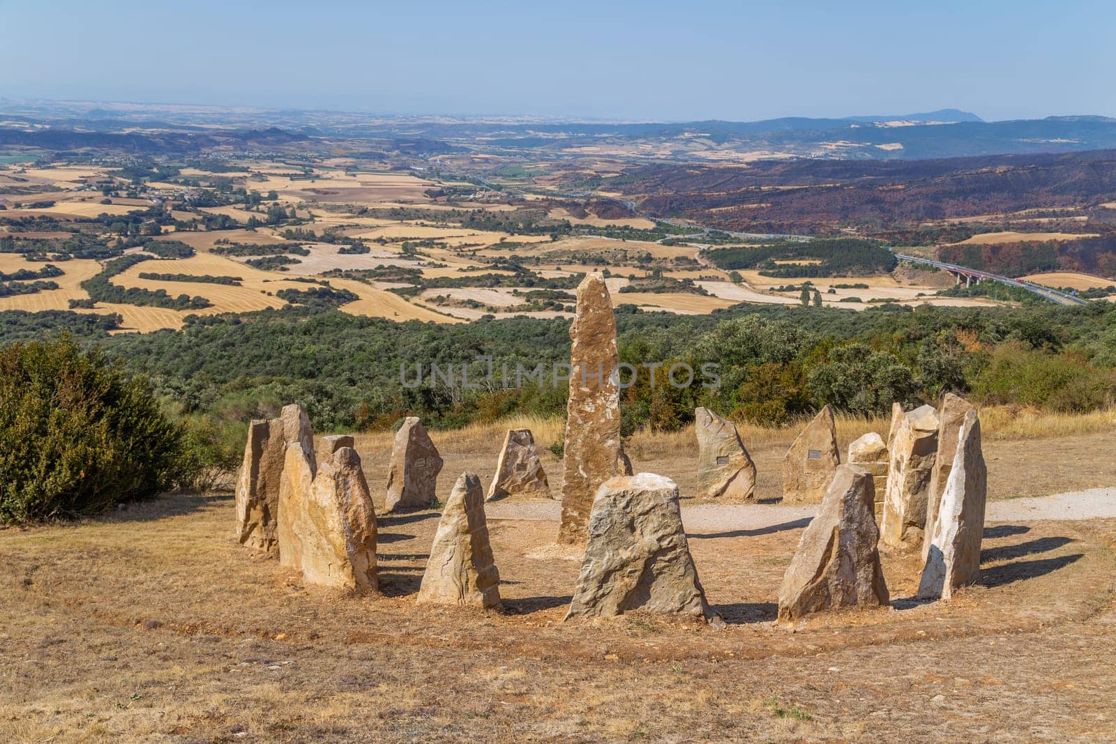 Pamplona, Spain: 28 August 2022: Memorial to Spanish Civil War victims on the Alto de Perdon standing on the Camino de Santiago above the Spanish city of Pamplona, Spain