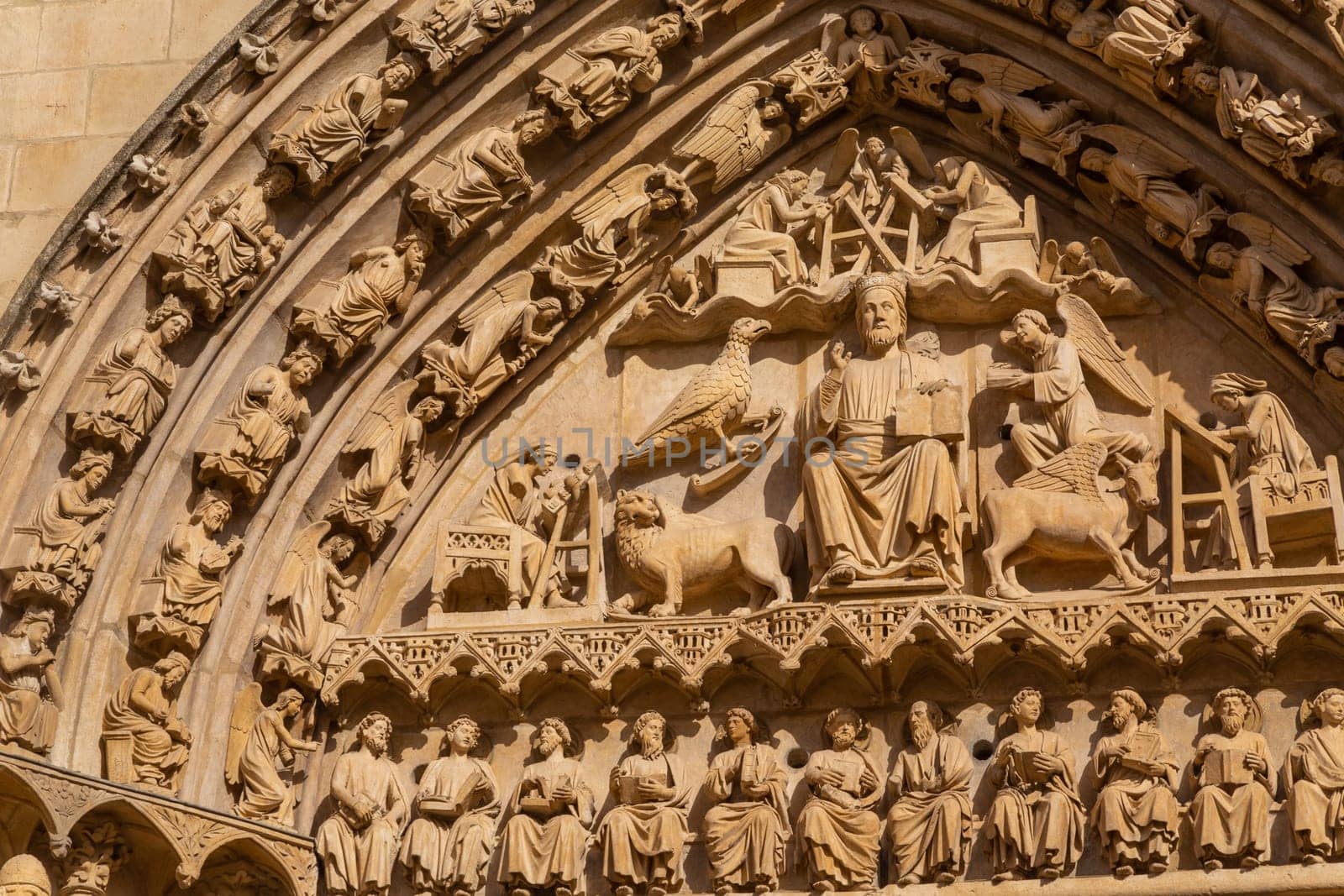 Detail of the sculpturres over the main portal of the Cathedral of Saint Mary. Burgos, Spain
