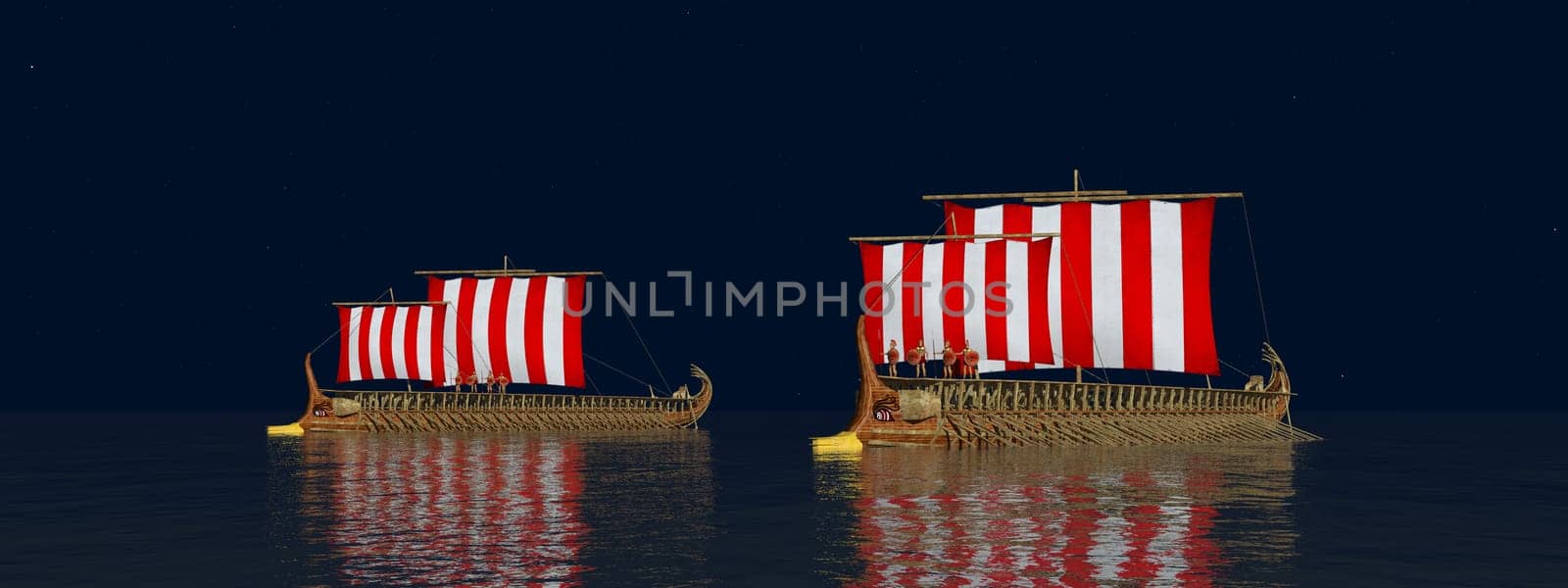 Computer generated 3D illustration with warships of ancient Greece in the open sea at night