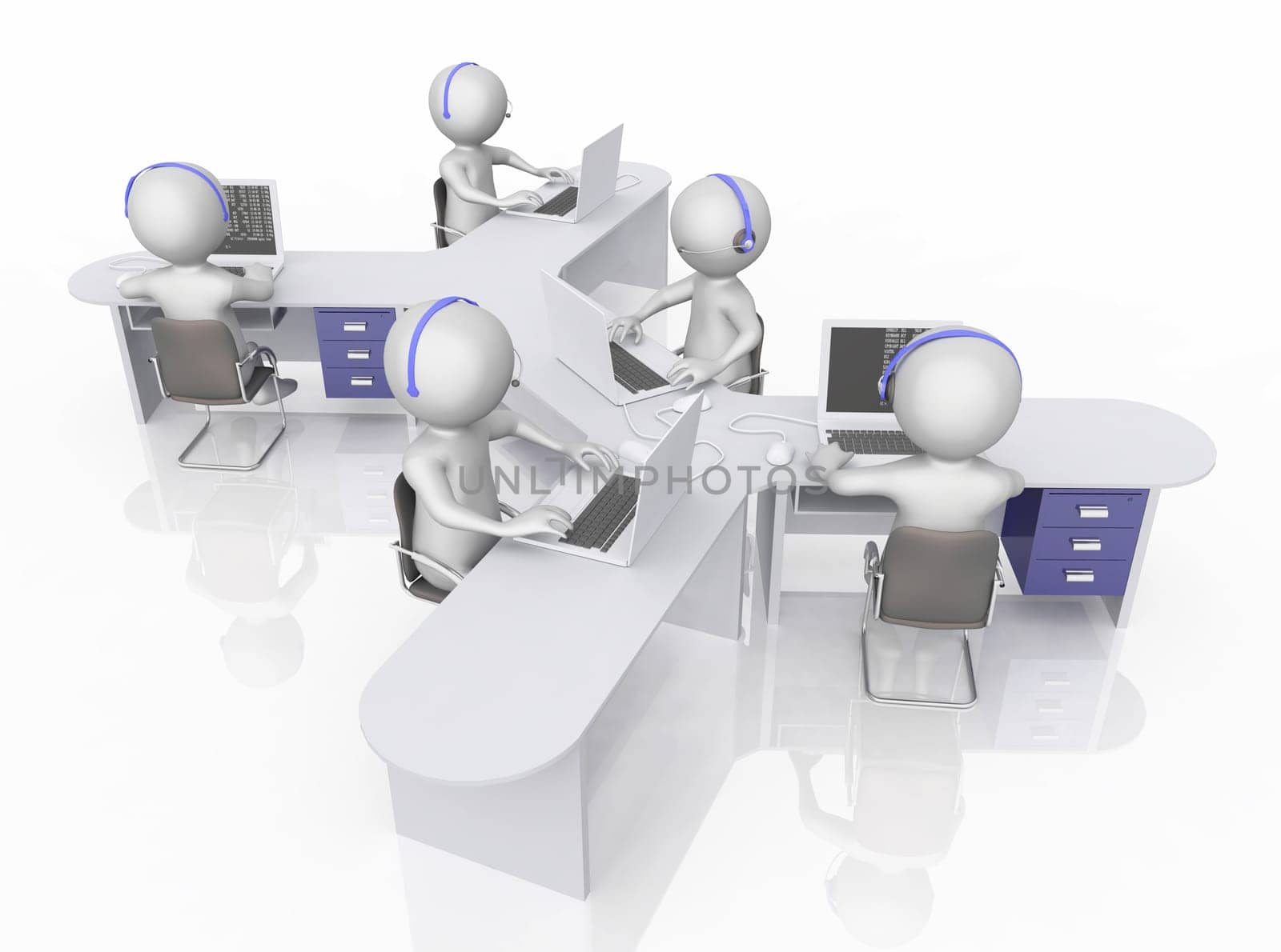 Computer generated 3D illustration with call center and 3D figures