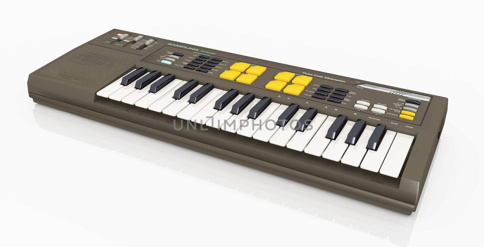 Computer generated 3D illustration with an electronic keyboard against a white background