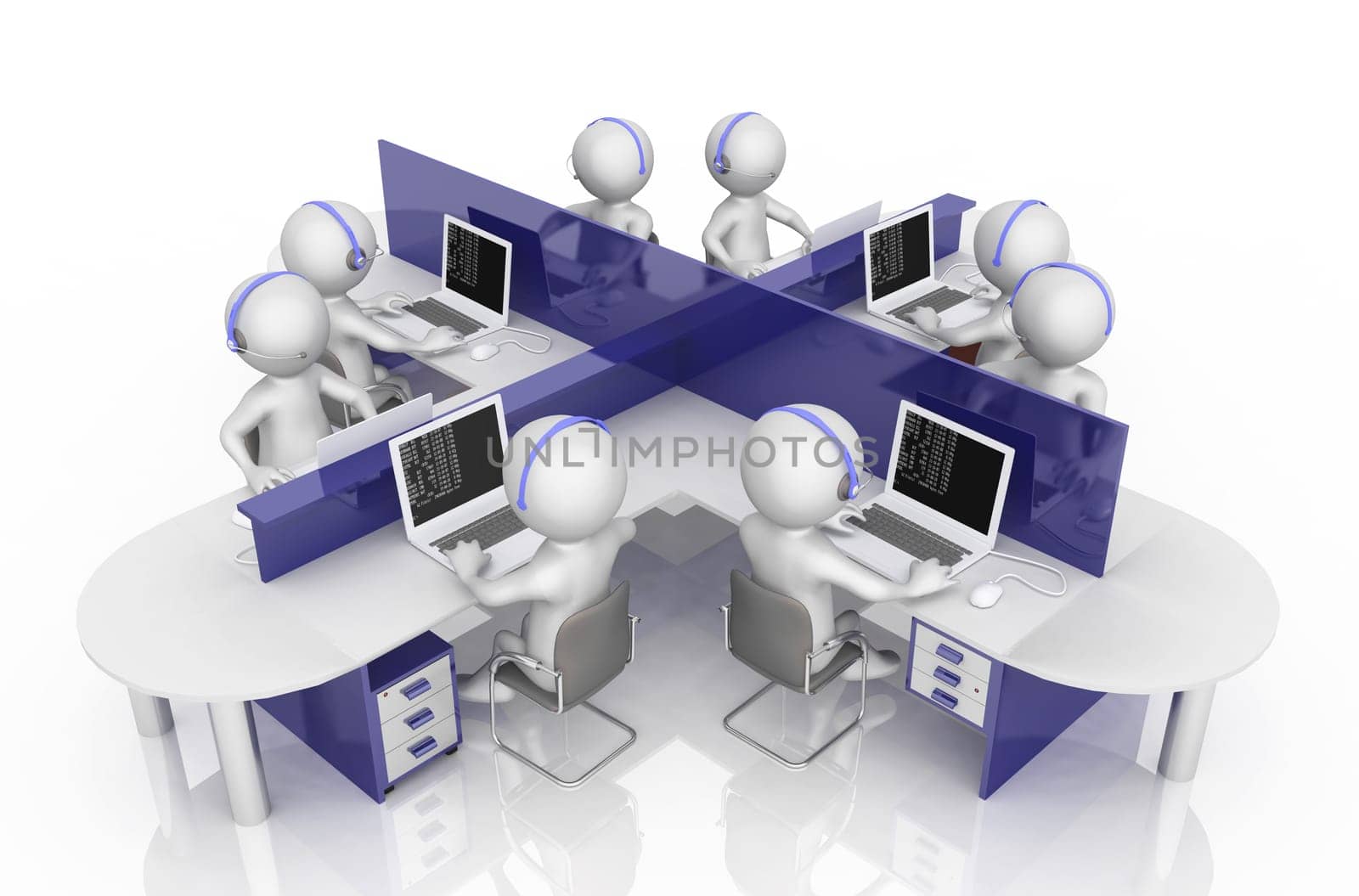Computer generated 3D illustration with call center and 3D figures