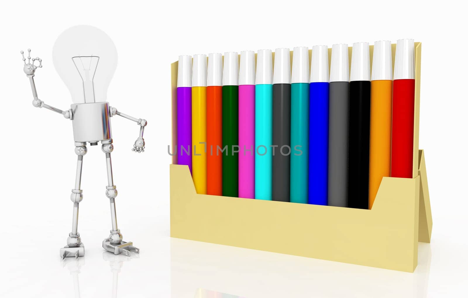 Computer generated 3D illustration with light bulb figure and marker set