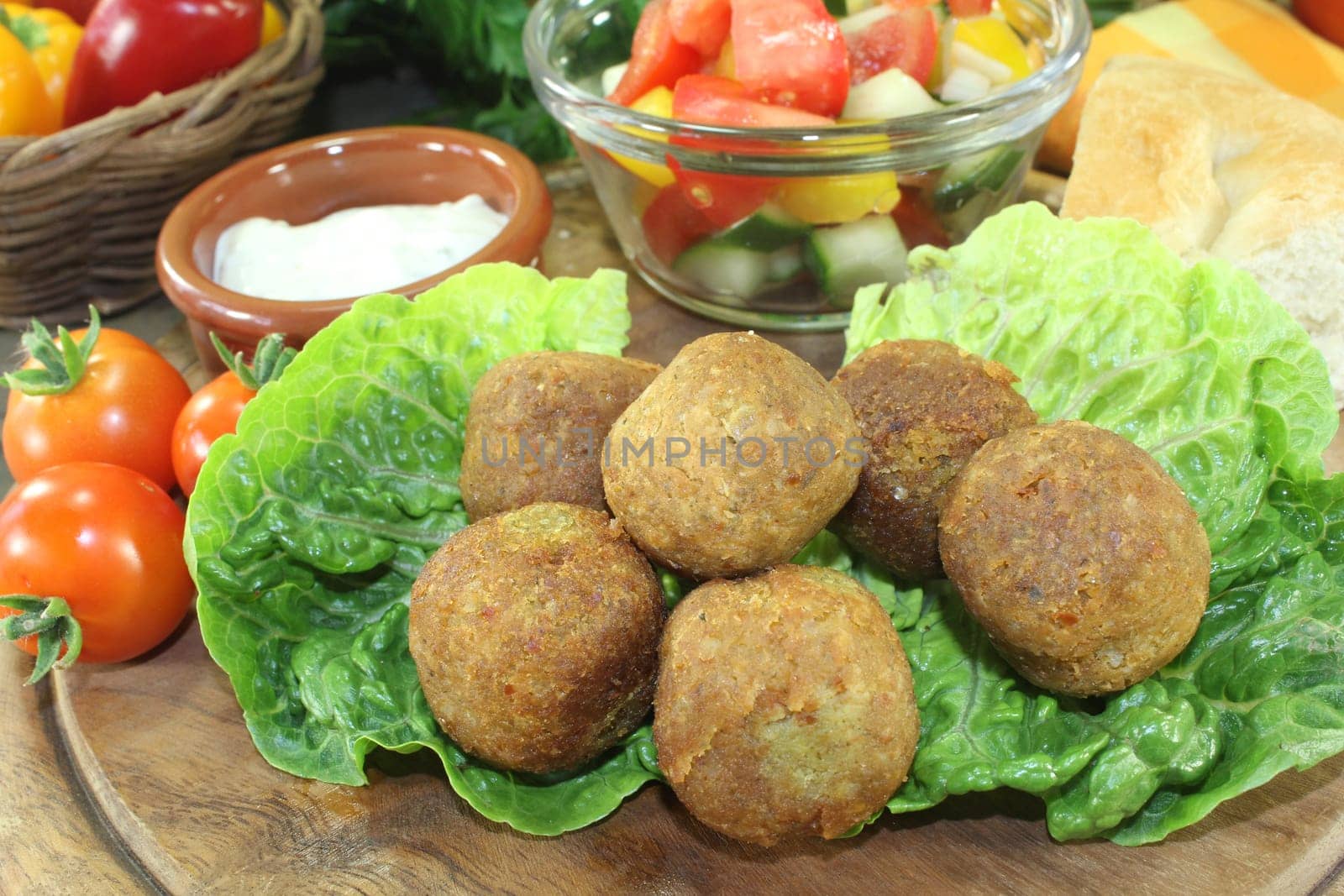 Falafel with fresh salad against a bright background