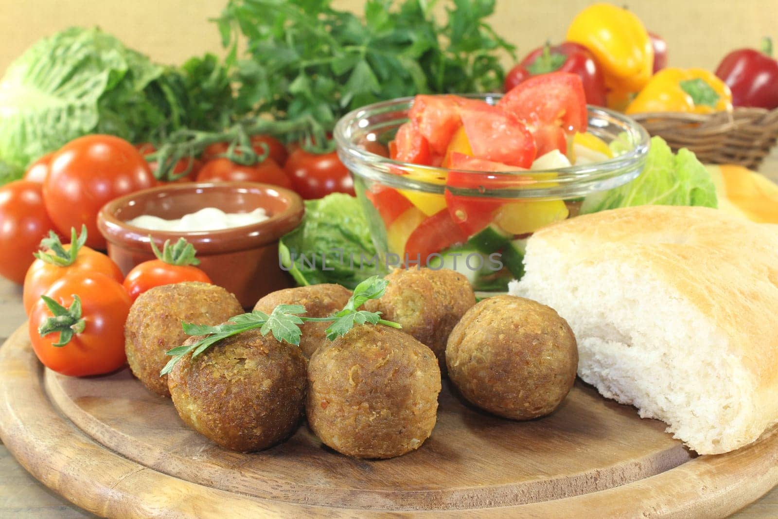 Falafel with fresh salad against a bright background