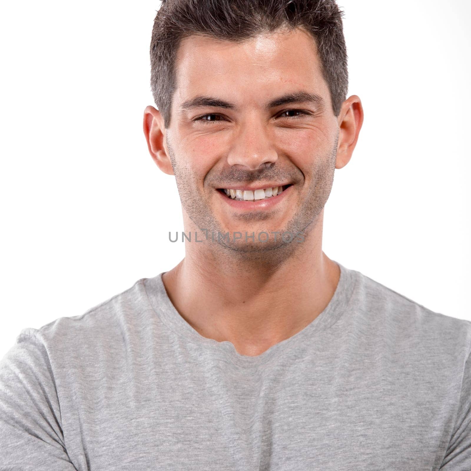 Portrait of a handsome latin man smiling, isolated over a white background