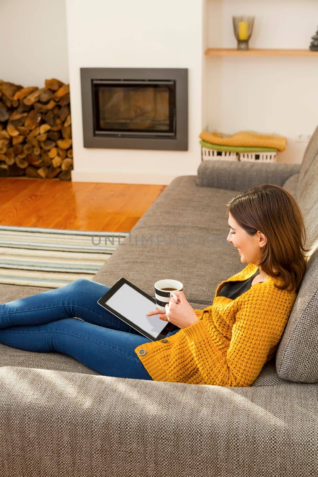 Beautiful woman working from the confort of home with her laptop